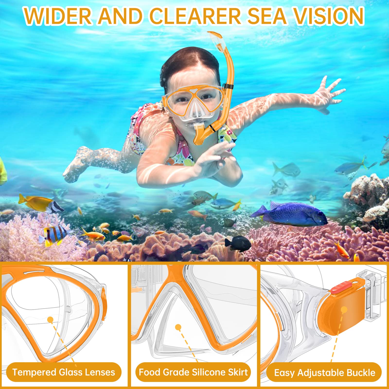 JEMULICE Maschera Subacquea Bambini, Set da Snorkeling per Bambini con Tubi a Secco e Occhiali da Snorkeling Anti-Fog Panoramica a 180 Gradi, Snorkel Set, Maschera Snorkeling per Bambino e Adolescenti