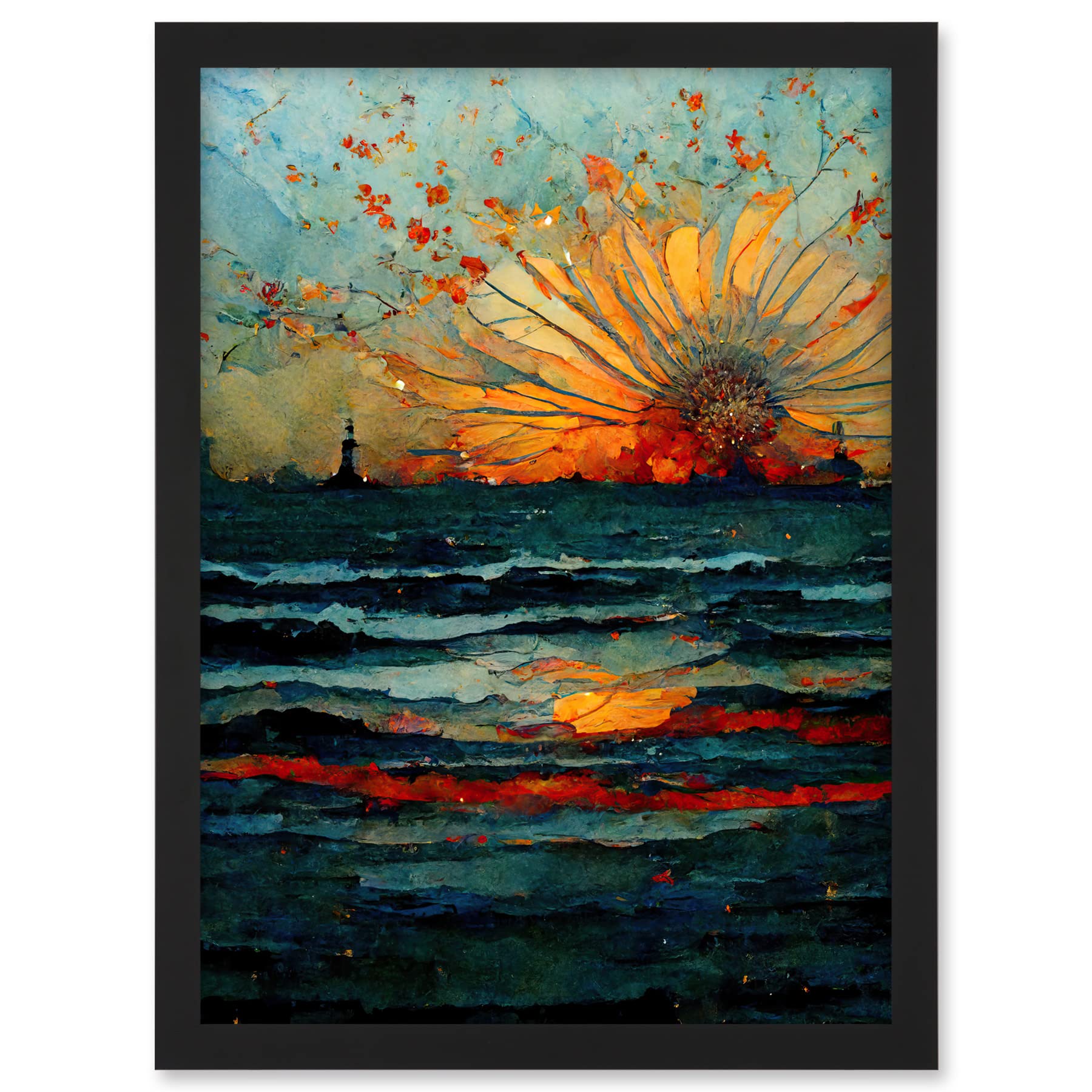 Artery8 Seascape Sunset Port City Waves Horizon Artwork Framed A3 Wall Art Print