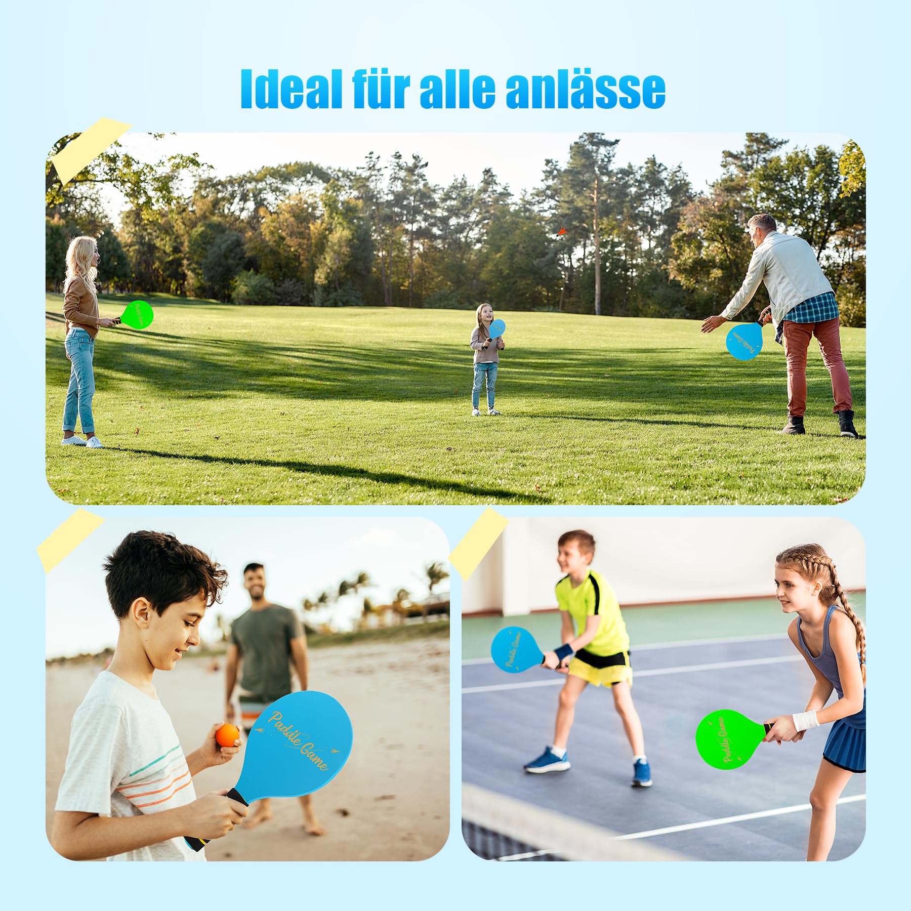 INPODAK Beach Ball Spiel Set,Strandball Schlägerset für Kinder,2 Schläger, 4 Federbälle, 2 Bälle,Paddleball Spielset,Sommer Strand Pool Garten Spiel für Familie und Party