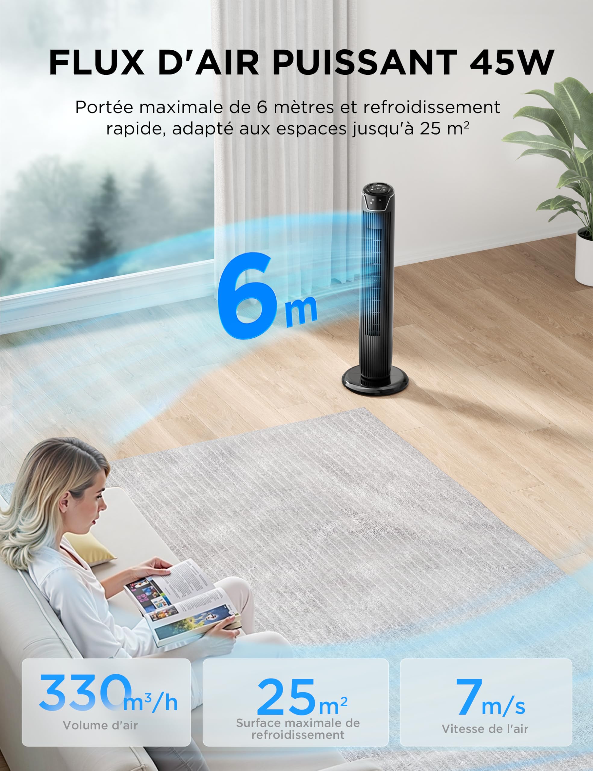 Midea Ventilateurs colonne avec Télécommande, Oscillation Silencieuse, Ventilateur Puissant, Affichage LED, 3 Modes, Minuterie 7 Heures, Design Intemporel et Élégant,FZ10-17JR