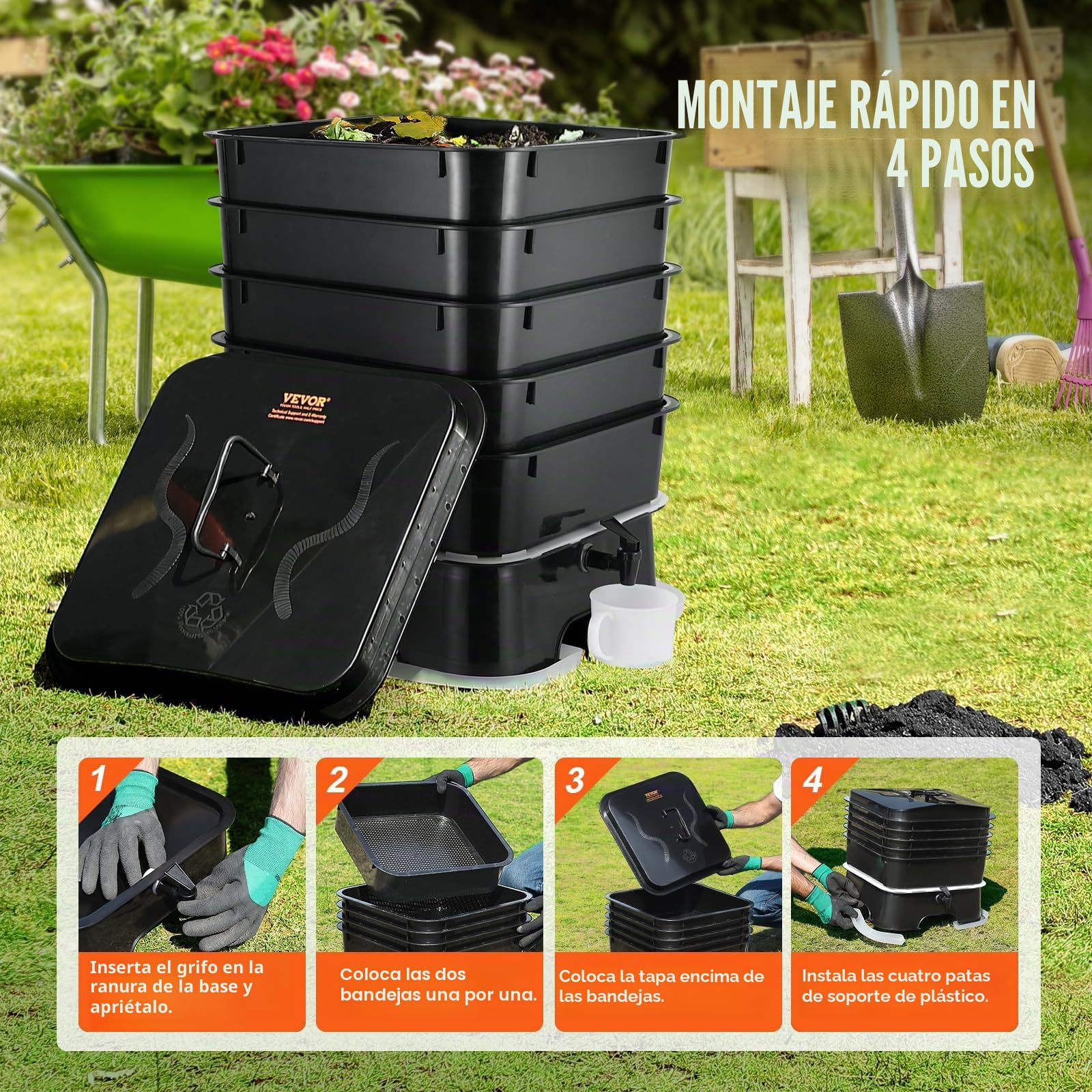 VEVOR Compostador de Lombrices 50 L con 5 Bandejas Compostador de Jardín Contenedor de Abono de Lombrices para Reciclaje de Residuos de Alimentos Excrementos de Lombrices Té de Lombrices Lombricultura