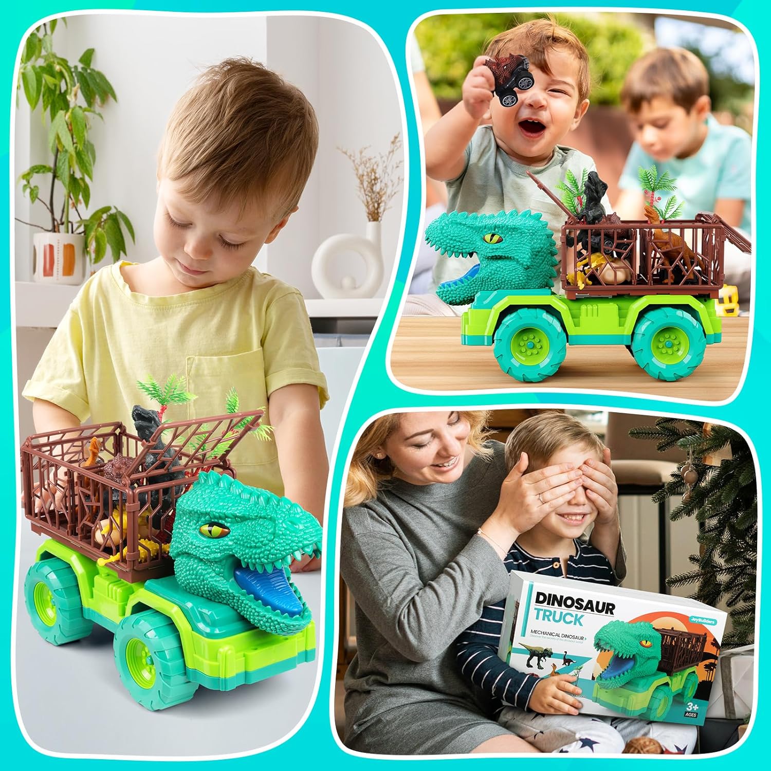 18 in 1 Dinosaur Toys for Kids 3-5, Dinosaur Truck Toys for Kids with 2 Pull Back Cars, 8 Dino Figures, Birthday Party Favors&Christmas Presents for Boys and Girls