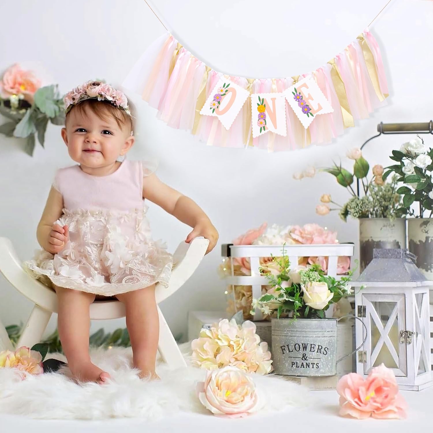 Wild Flower High Chair Banner - Pink Floral Wildone Party Supplies , Daisy One Birthday Highchair Banners , Our Little Wild Flower Is Turning One , Daisy 1st Photo Prop Cake Smash , Bohemian Wreath (Wild Flowers Purple)