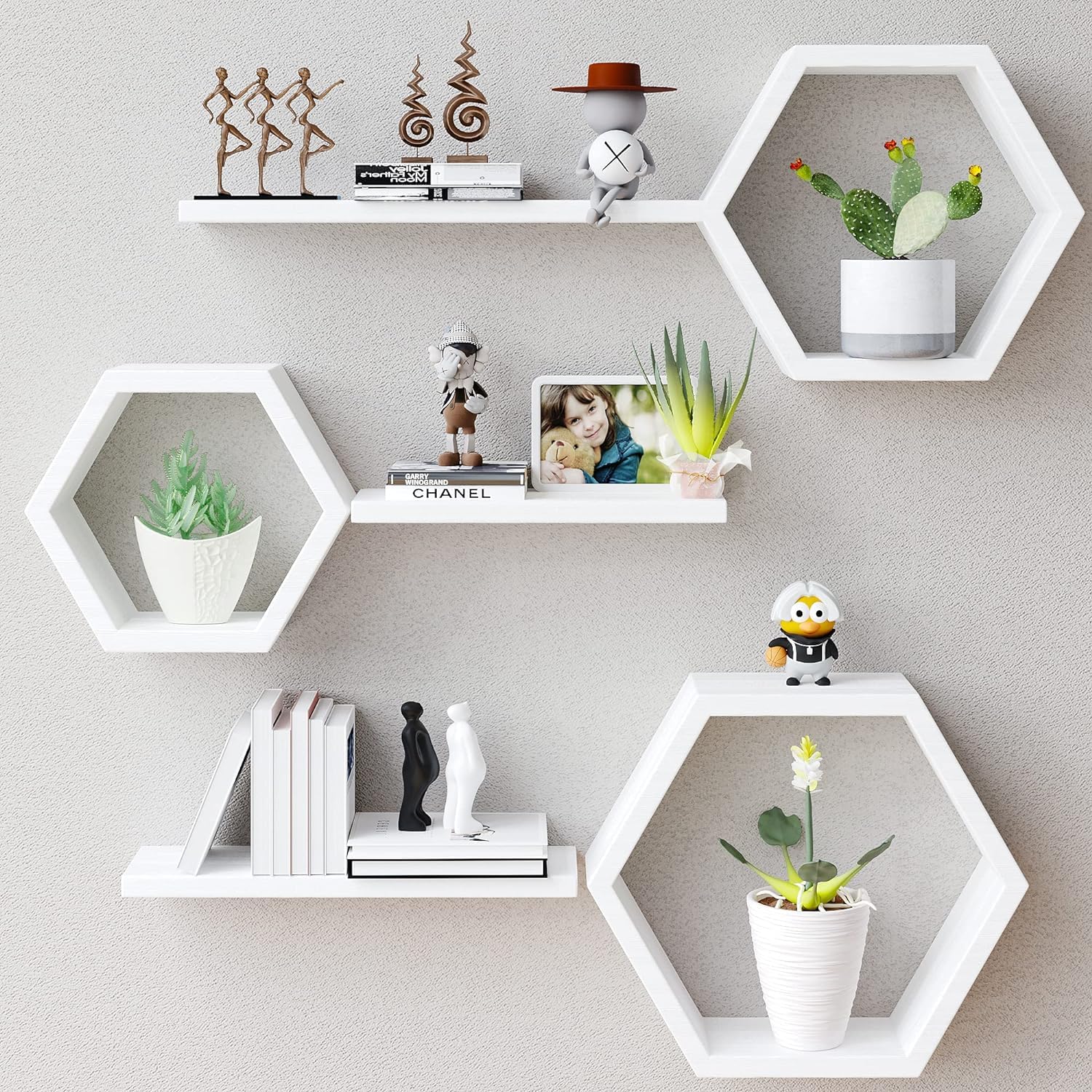 EXPRESSOW ENTERPRISES Wooden Floating Wall Shelves Wall Mounted - Set of 6 Hexagon Shelves Display for Photos, Plants, Honeycomb Shelves for Living Room, Bedroom, Bathroom, Kitchen, Office (White)