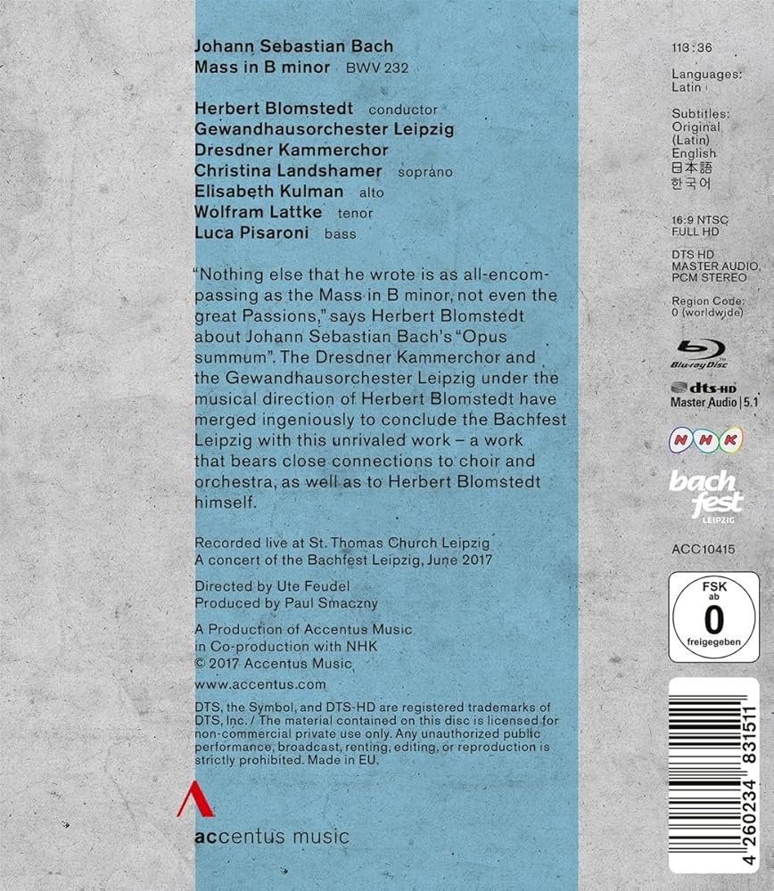 ミサ曲ロ短調 ヘルベルト・ブロムシュテット＆ゲヴァントハウス管弦楽団(2017) [Blu-ray] Amazon.co.jp | ミサ曲ロ短調 ヘルベルト・ブロムシュテット