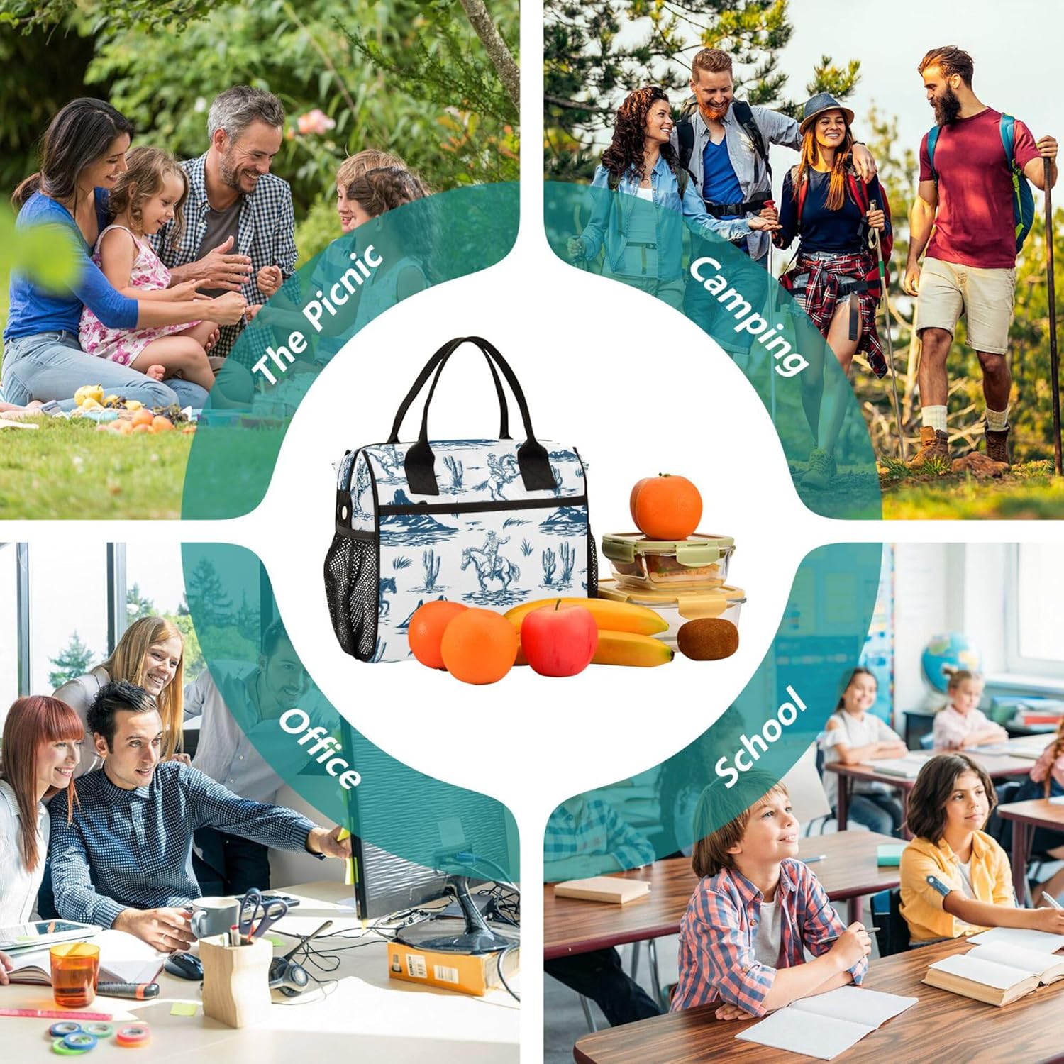 Western Cowboys Vintage Lunch Bag Reusable Lunch Tote Bags Insulated Cooler Lunch Box Food Container for Women Men Adults