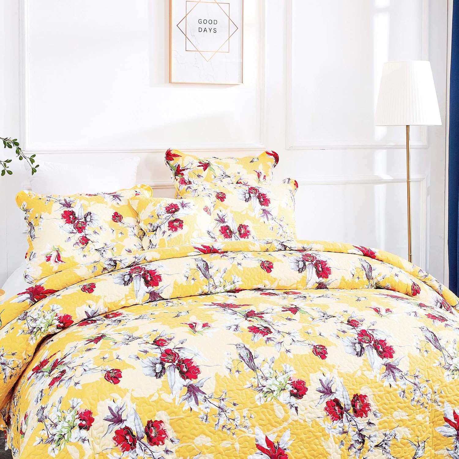 DaDa Bedding Radiant Sunshine Yellow Floral Bedspread Set - Hummingbirds Farmhouse Red Flowers Garden Quilted Coverlet - Scalloped Edges Bright Vibrant Multi-Colorful - Twin - 2-Pieces