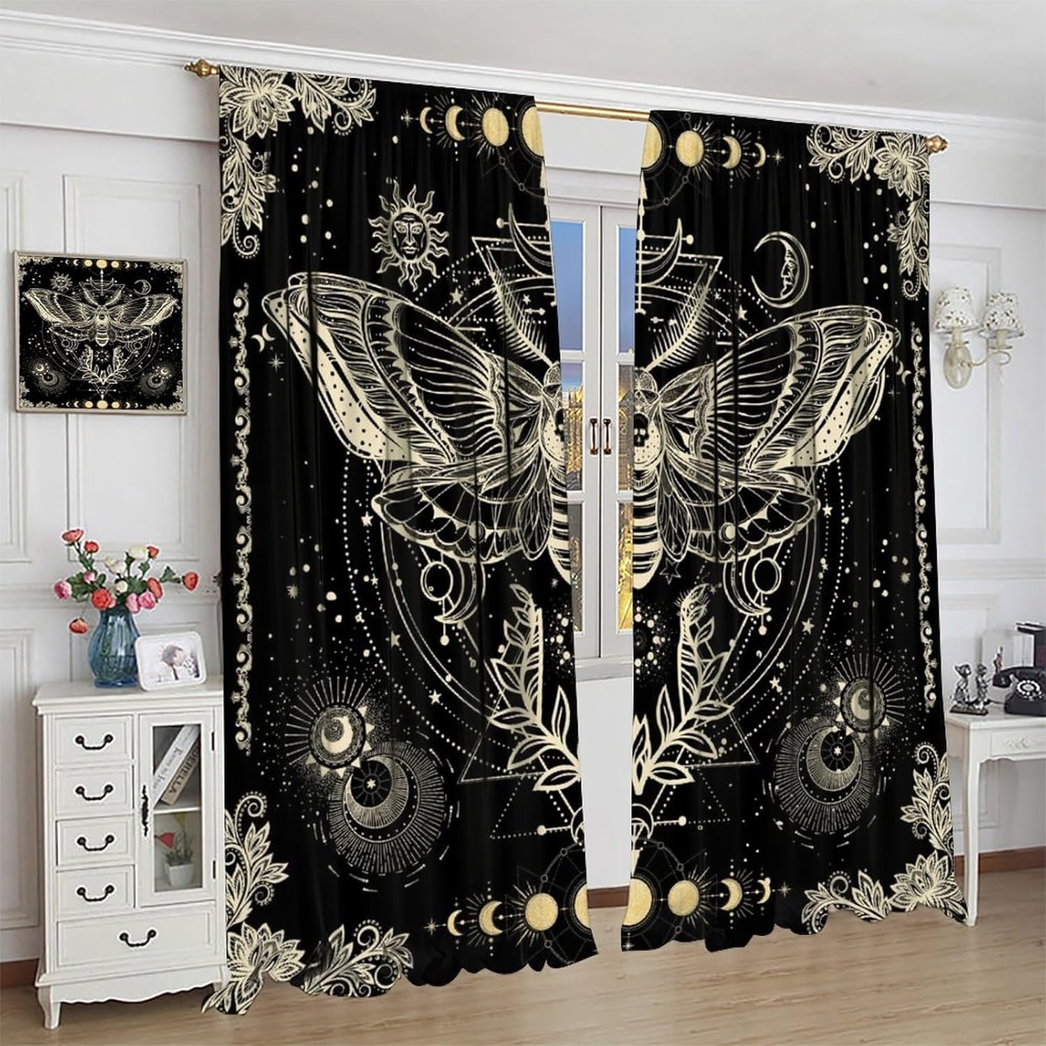 Baroque Moon Phase Curtains, Golden Black Gorgeous Geometric Star Floral Moth Butterfly Pattern Window Treatments, Blackout Rod Pocket Drapes for Living Room Bedroom Bathroom Kitchen 72x63in