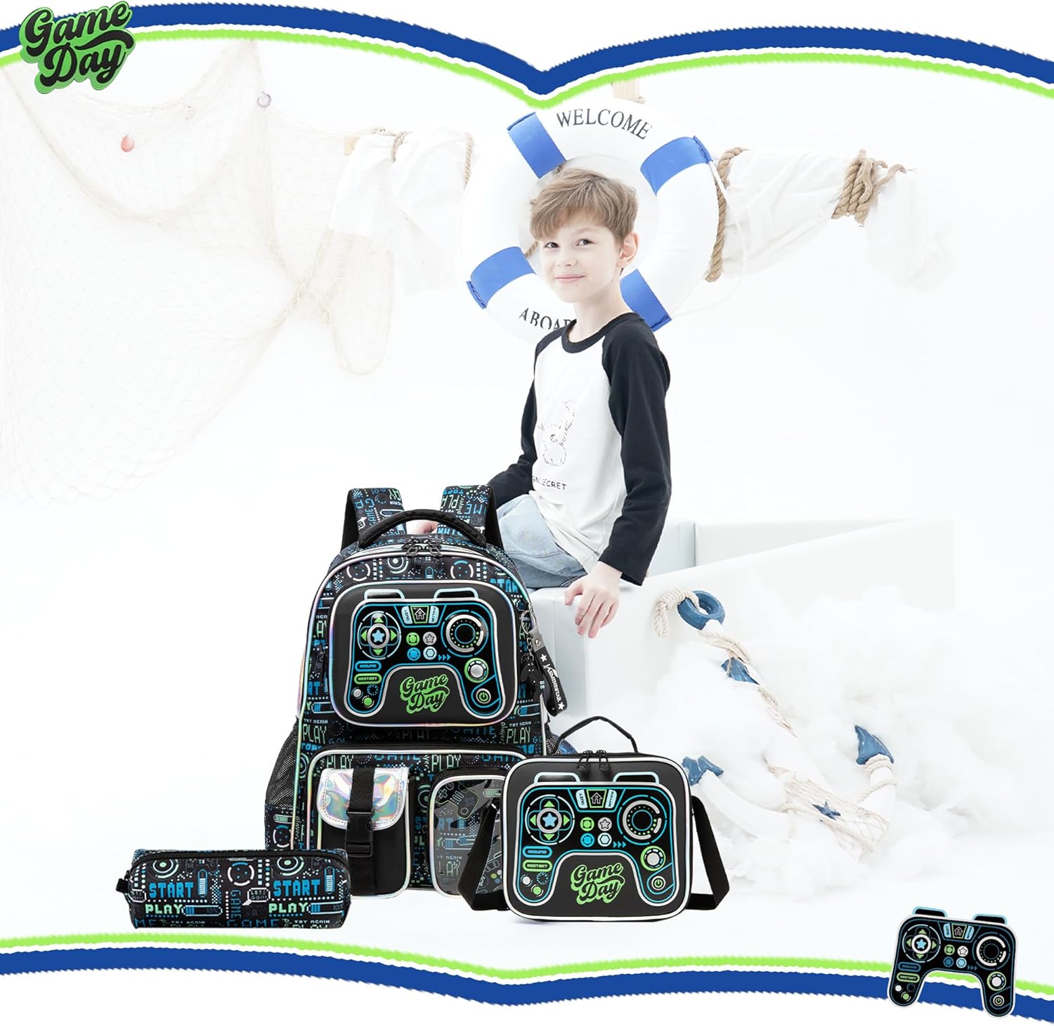 Meetbelify Backpacks for Boys School Backpacks for Elementary Students Ages 8-10 Kids Aesthetic Travel Backpack Laptop Bookbag with Lunch Box Pencil Case 3 in 1 Backpack Set for Boys