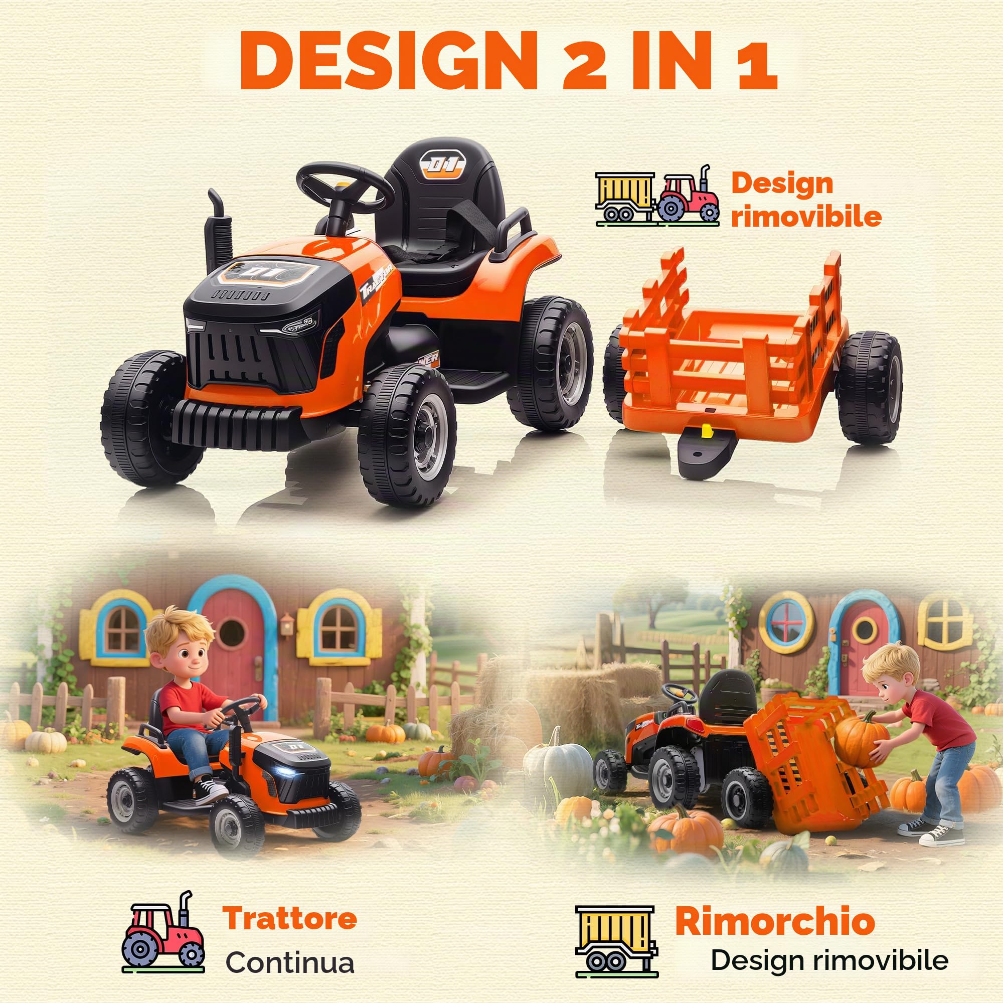 AIYAPLAY Trattore Elettrico Bambini Rimorchio 2 Motori 3-5 km/h Arancione | Trattore elettrico con telecomando, 3 velocità, musica, clacson, avvio morbido, suono avviamento, età 3-8.