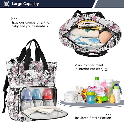 Miniatura 5 de MNSRUU Bolsa de pañales Cráneos Bolsa de pañales Mochila de viaje Bolsa de pañales Tote para bebé de gran capacidad Bolsas cambiantes para bebés,