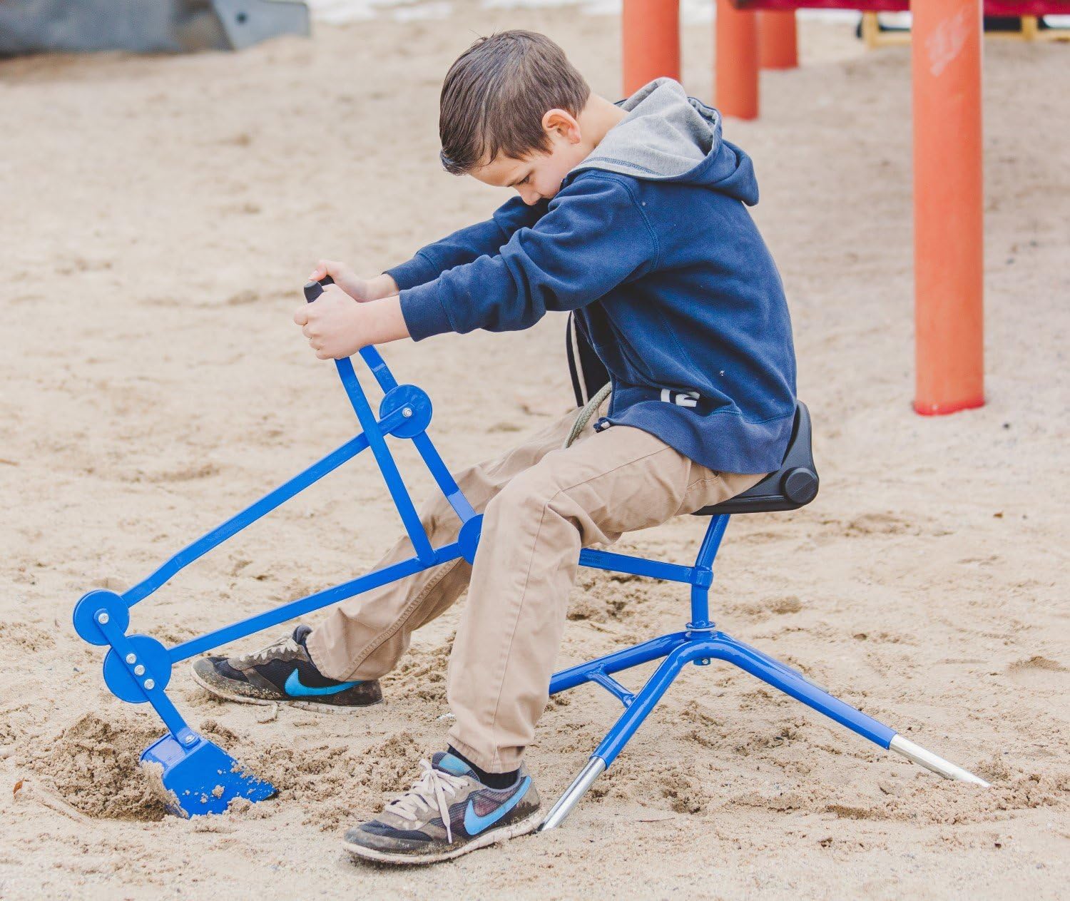 Sand Digger Toy Exavator with Telescoping Legs That Raise Seat Height and Stabilize Backhoe for Digging (Blue)