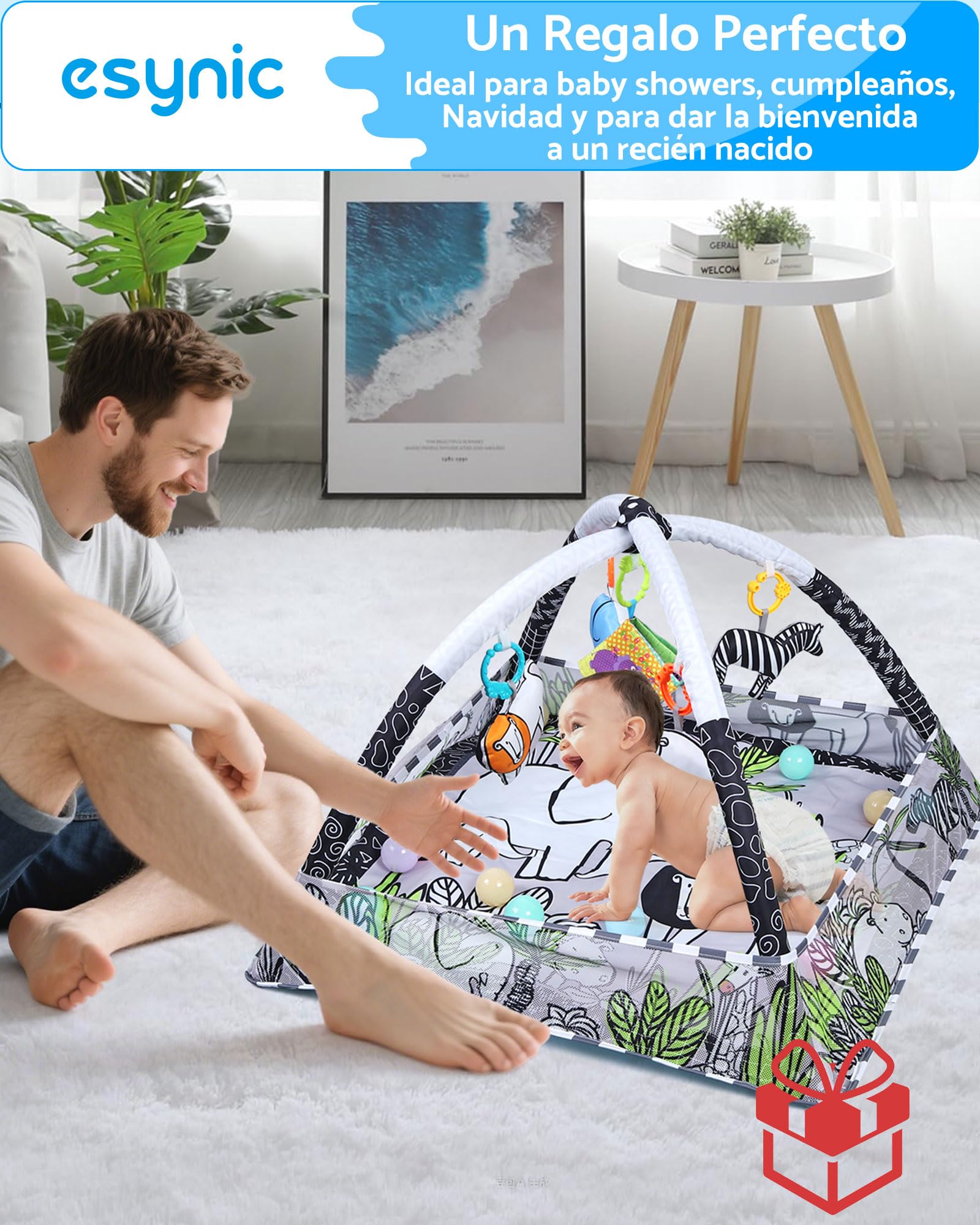 eSynic Baby Play Gym 7 en 1 con Arco y Juguetes Sensoriales Alfombra de Juegos para Bebé con Bordes de Malla Colchoneta de Actividades con Pelotas Bebé Fácil de Instalar Regalo para Recién Nacido