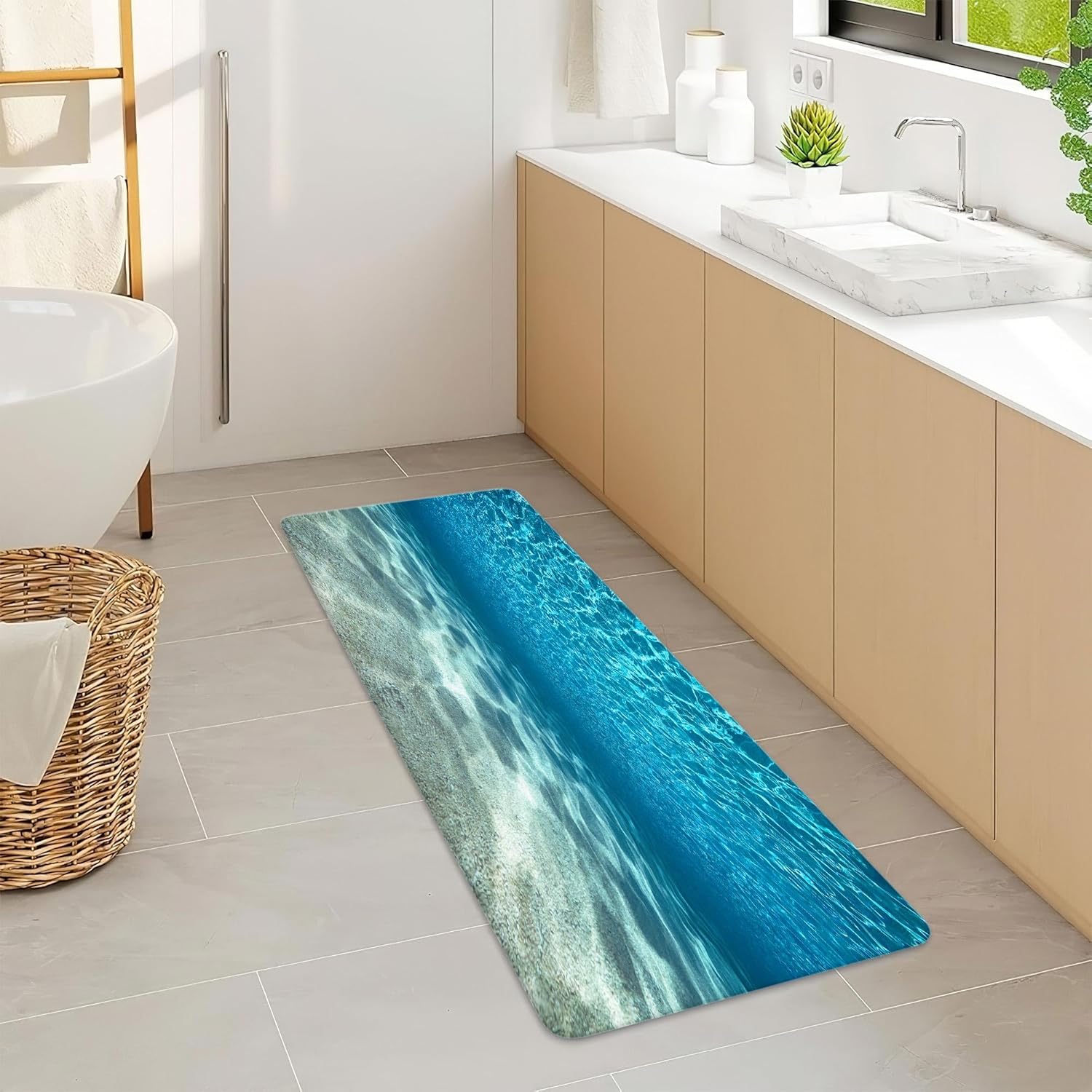 MERCHR Blue Ocean Bath Mat, Nature Underwater Sea World Sand Beach Bathroom Rugs, 17 x 48 Inches