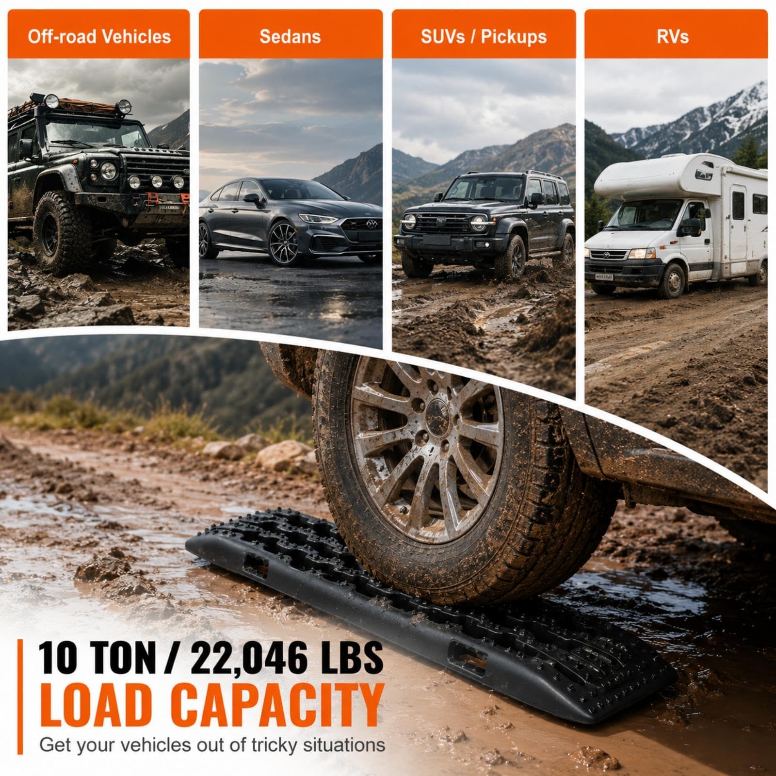 Lot de 2 planches de traction robustes avec capacité de 10 tonnes, pistes de récupération pour sable, boue, neige, tout-terrain pour SUV, VTT, voitures