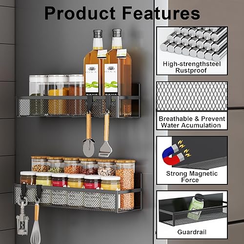 Miniatura 3 de Estante magnético para especias para refrigerador, paquete de 6 estantes magnéticos, organizador magnético para refrigerador con 12 ganchos móviles,