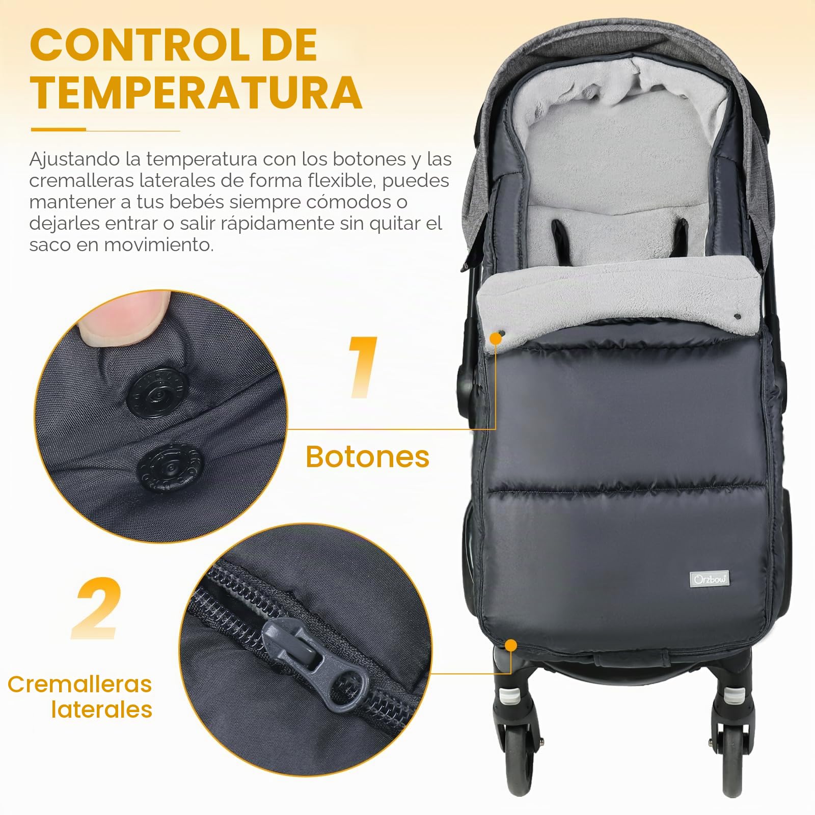 Orzbow Saco Silla Paseo Universal Invierno, Ajustable Saco Carro Bebe con Cremallera y Botones, Impermeable Saco Silla de Paseo con Bolsa de Cordón, Desenfundable, Forro Polar Caliente, Gris Oscuro