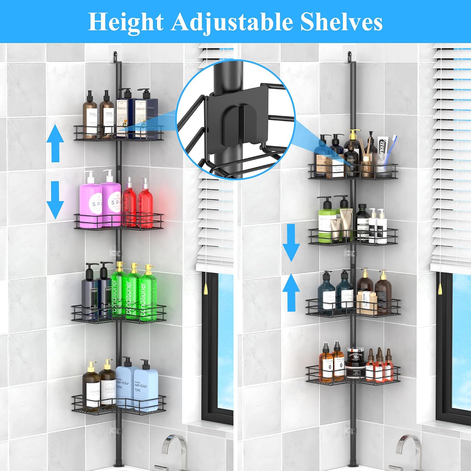HuggieGems Metal Rustproof Corner Shower Caddy with Hooks 4 Tier, Black image 2
