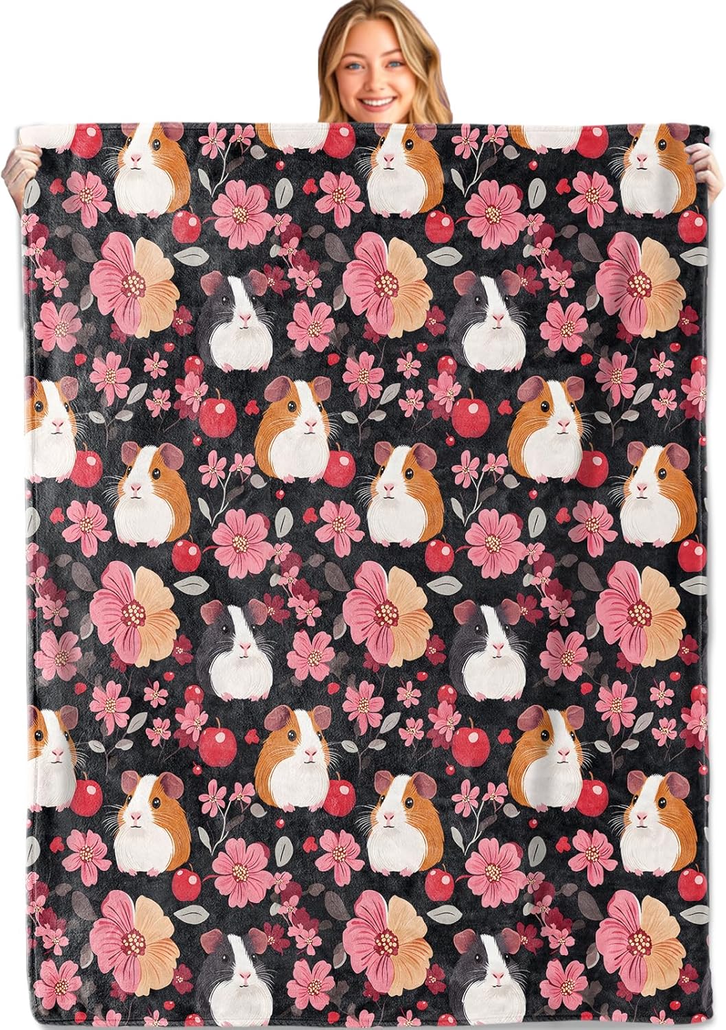 Guinea Pig and Floral Throw Blanket,50x60in,Soft,Lightweight Flannel,Animal Lovers Blankets - Gifts for Kids Women Girls,for Couch Office Travel,Home Living Room Modern Decor