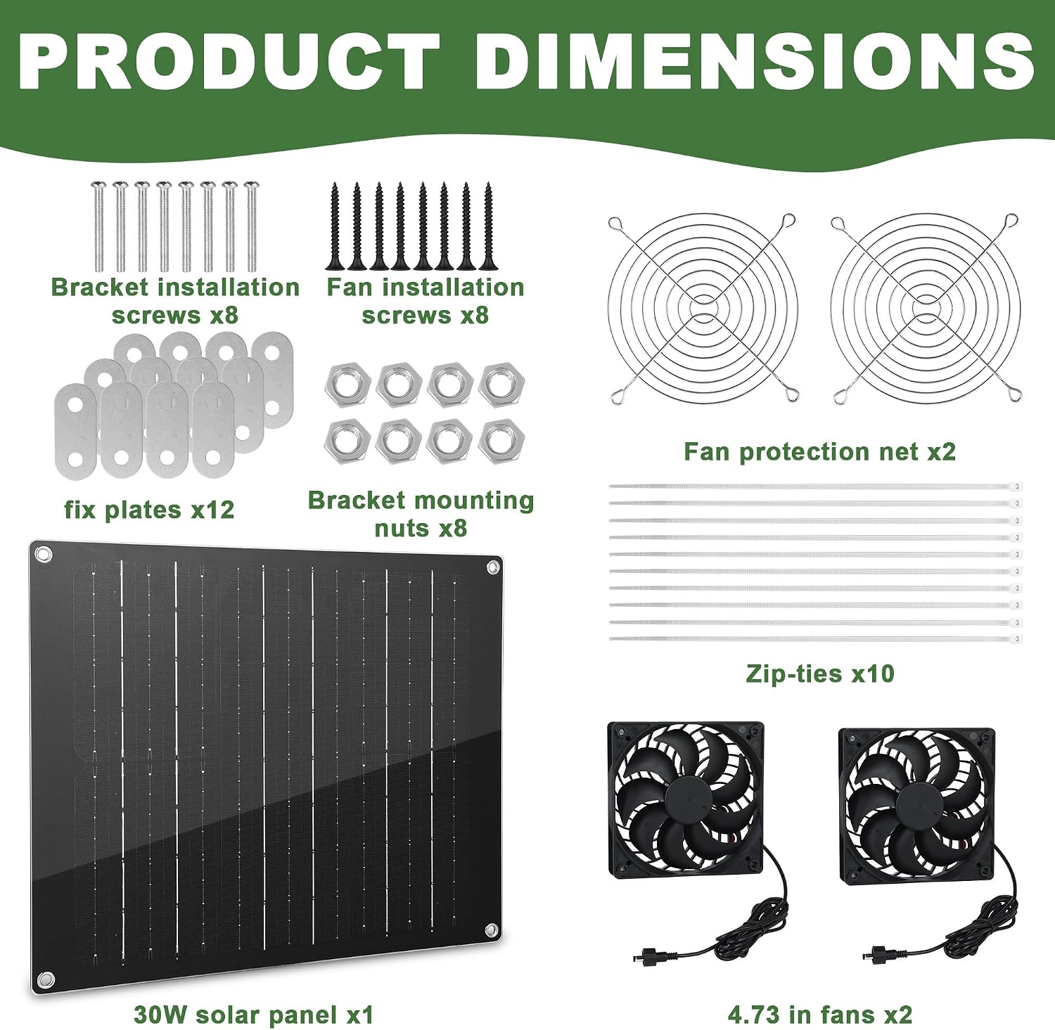 Solar Fan, 30W Solar Powered Fan with Two IPX7 Waterproof Fans for Outside Greenhouse Shed Chicken Coop, Exhaust Intake Mounting Way and Solar Exhaust Fan