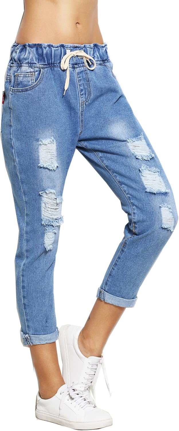 Drawstring distressed jeans Clearance