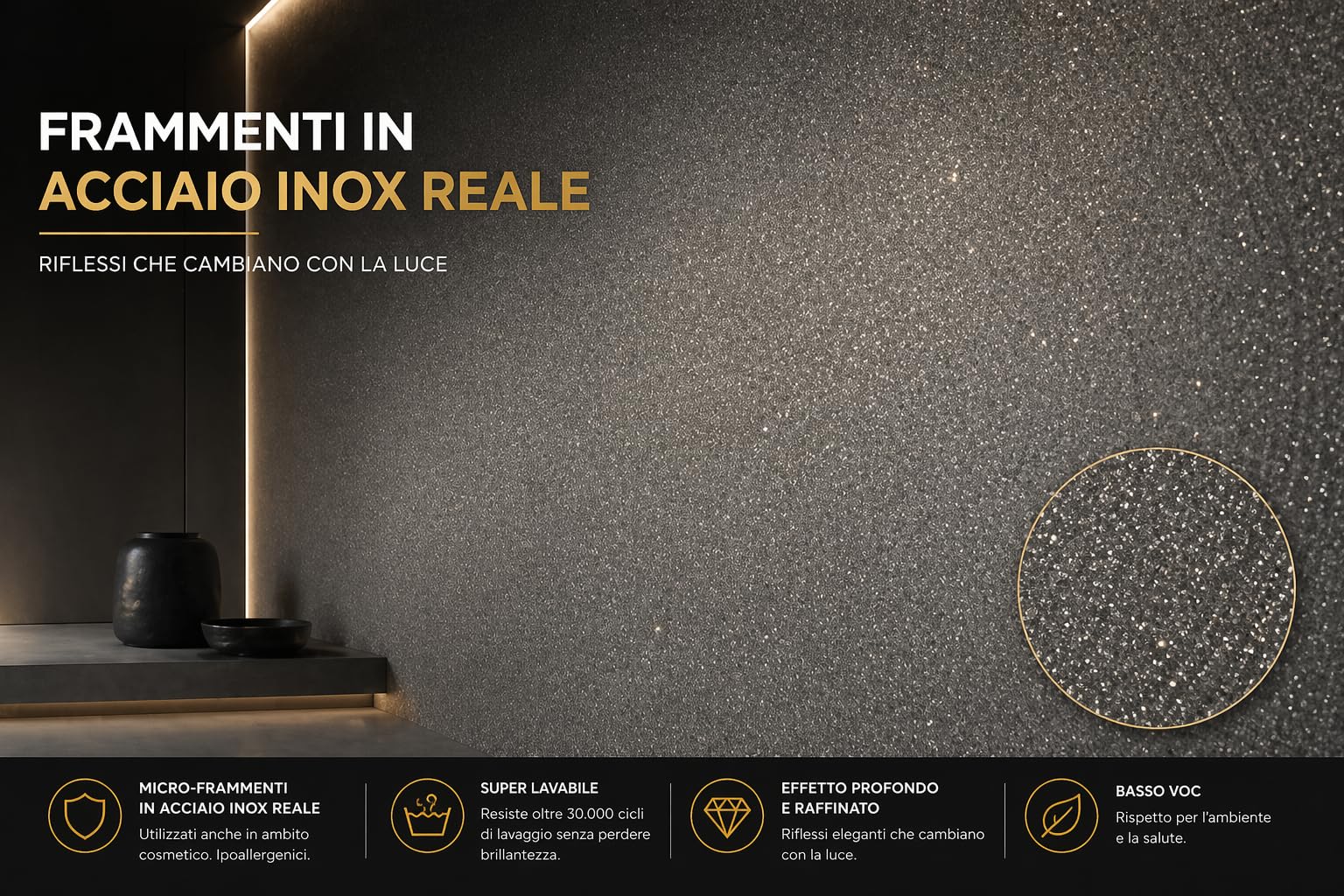 Hyris Pittura Decorativa con Micro Frammenti di Acciaio Inox - 10 | Finitura sabbiata perlata con frammenti inox, lavabile e antimuffa, per pareti e soffitti interni, resa 10/12 m² - 1 Litro