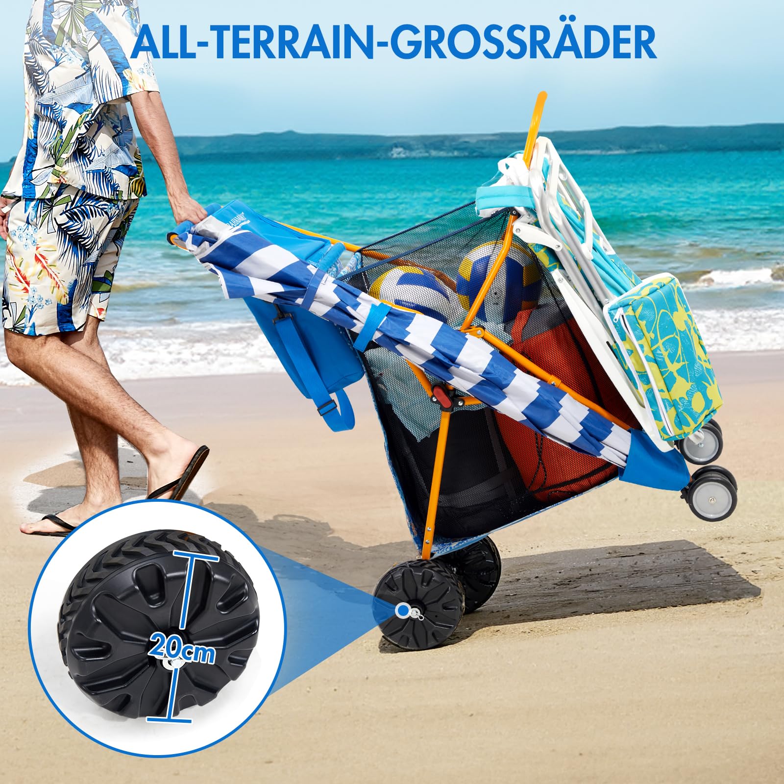 Old Bahama Bay Strandwagen klappbar mit Abnehmbarer 20L Kühltasche Bollerwagen faltbar mit großen All-Terrain-Rädern Faltwagen Transportwagen für Sand Strand Camping Garten