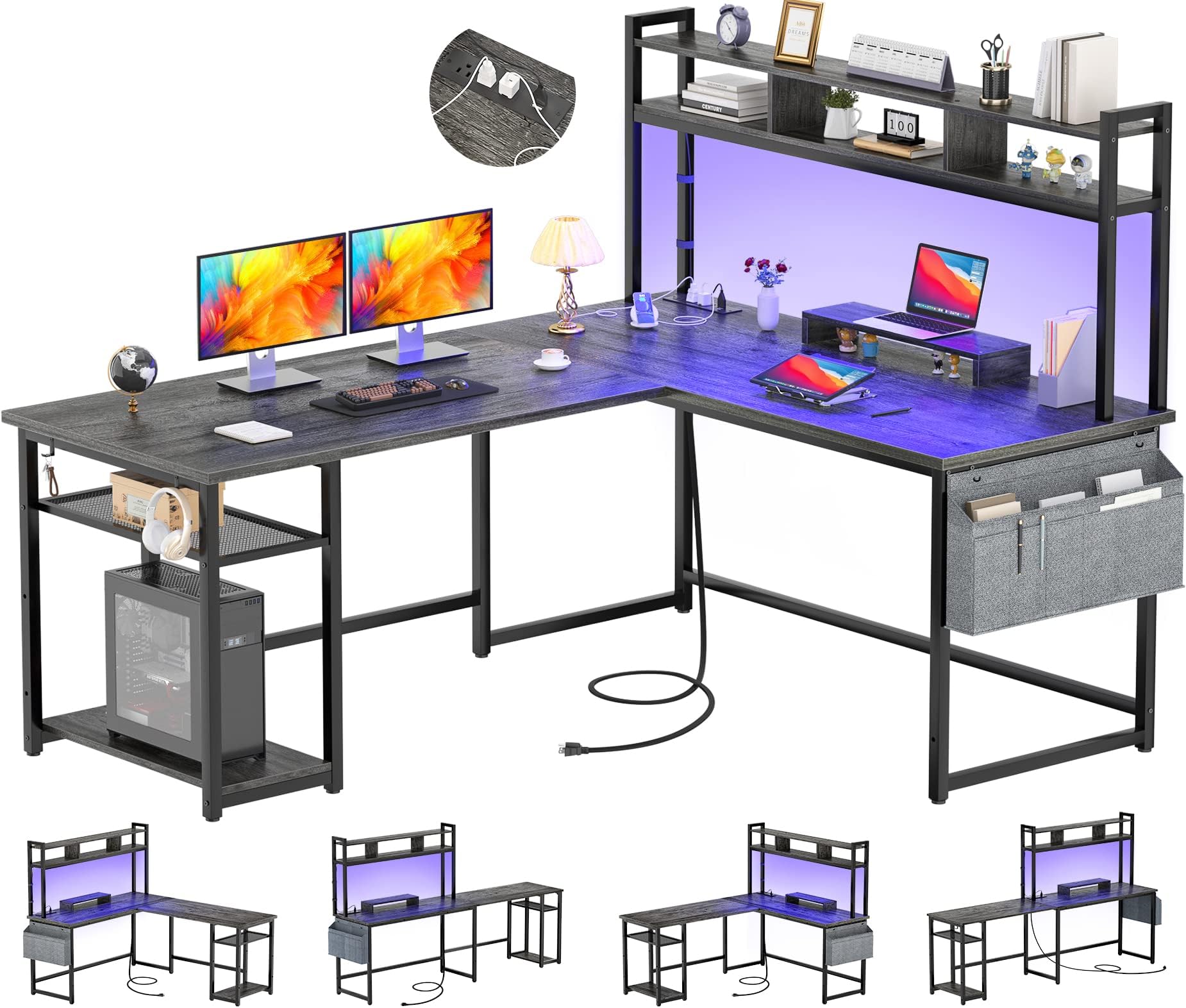 Aheaplus L-Shaped Desk with Power Outlet & LED Strip, Reversible Corner Computer Desk with Storage Shelf & Monitor Stand, Modern 2-Person Home Office Writing Desk, Grey Oak