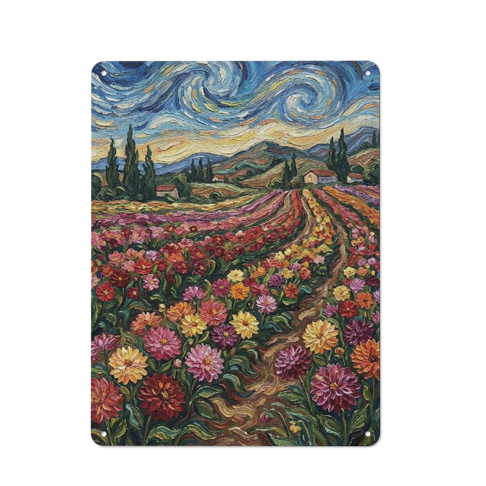Junmoney Style-4 Floral Field Painting With Swirling Sky Tin Wall Sign 40X30cm, Loft Style Industrial Wall Decor For Loft, Studio, Office Or Creative Room