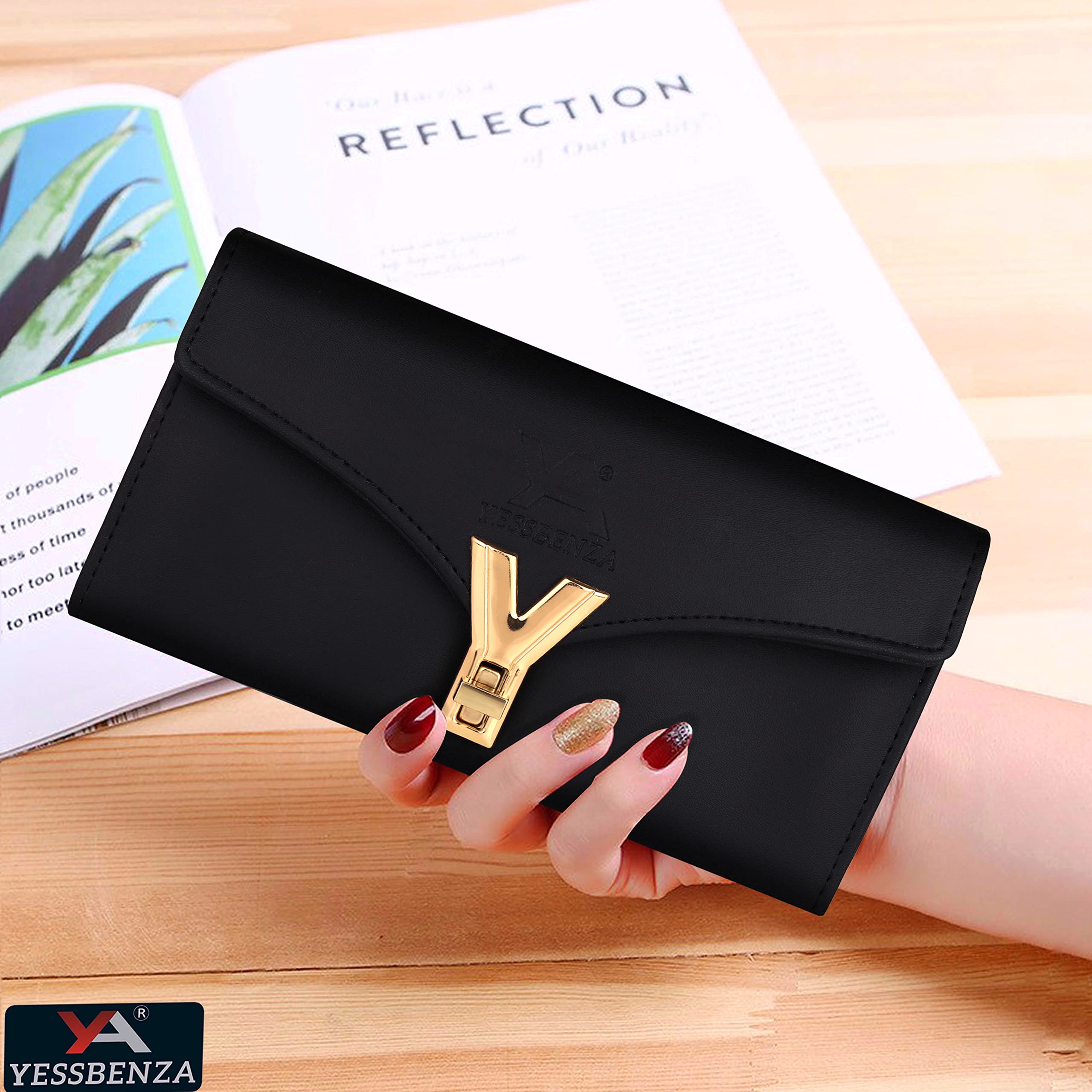 YESSNENZA Faux Leather Ladies Premium Stylish Women's Clutch Wallet Purse with Phone Pockets (Y Black) 1