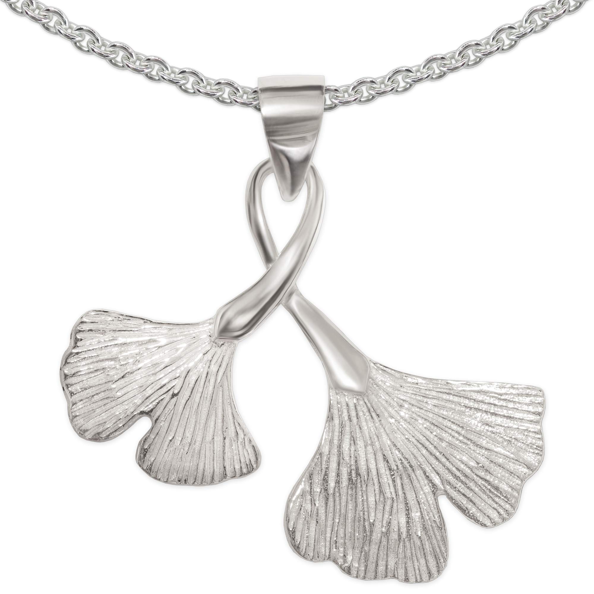 CLEVER SCHMUCK Ginkgoblatt Damen Halskette 29 mm Ginkgooblatt Silber doppelt verschnörkelte Öse + Erbskette 45cm STERLING 925 im Etui creme