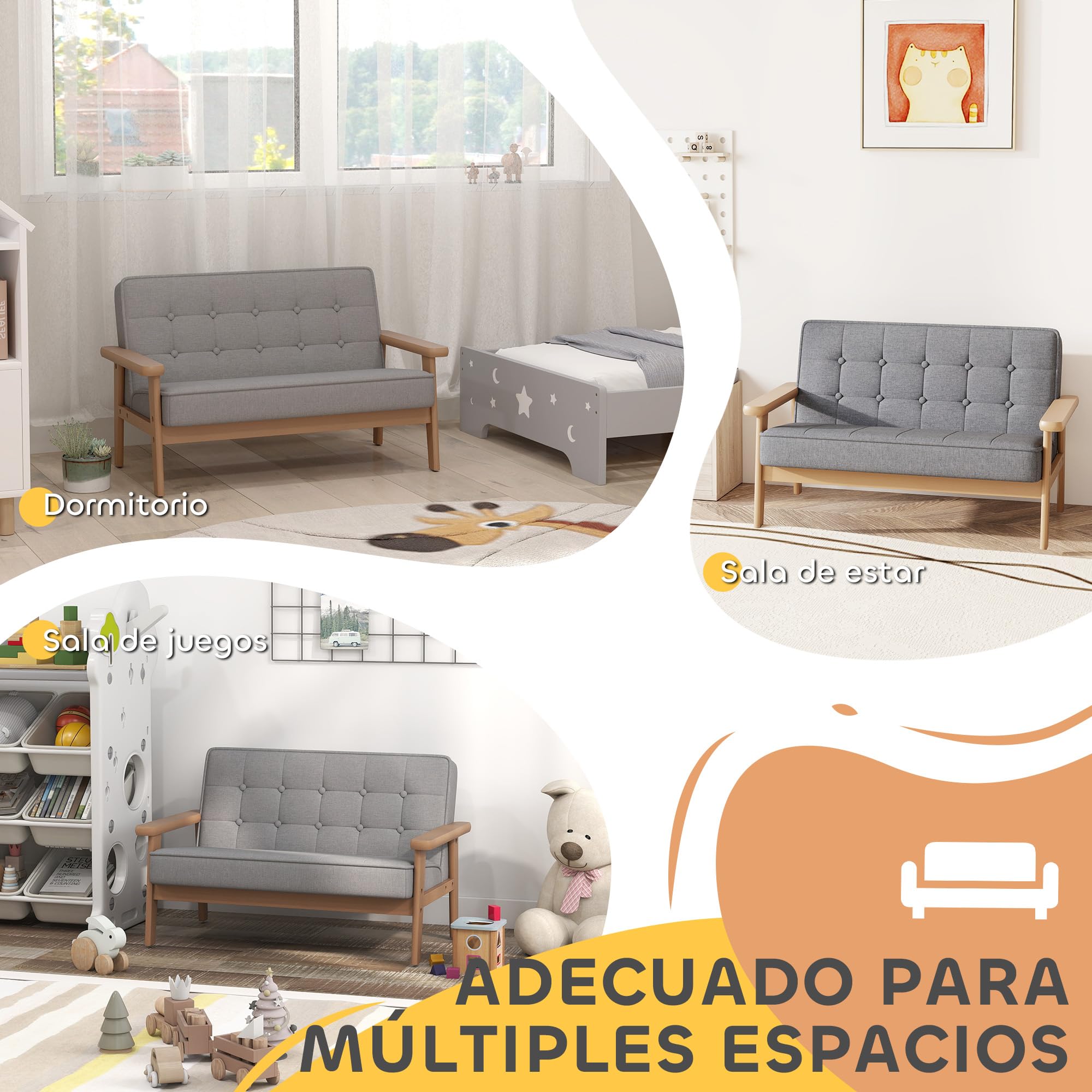 AIYAPLAY Sofá para Niños de 2 Plazas, Sillón Infantil de Felpa Suave con Estructura de Madera, Asiento y Respaldo Acolchados, Reposabrazos, para Niños de +3 Años, para Dormitorio, Sala de Juego, Gris