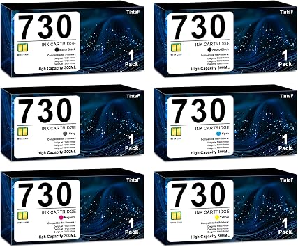 730 Ink Cartridge for DesignJet T1600 T1700 T2600 T1600dr T1700dr Printer | Replacement for HP 730 Ink Cartridges High-Capacity 300ml 6-pack, P2V68A P2V69A P2V70A P2V71A P2V72A P2V73A, T1600 Ink