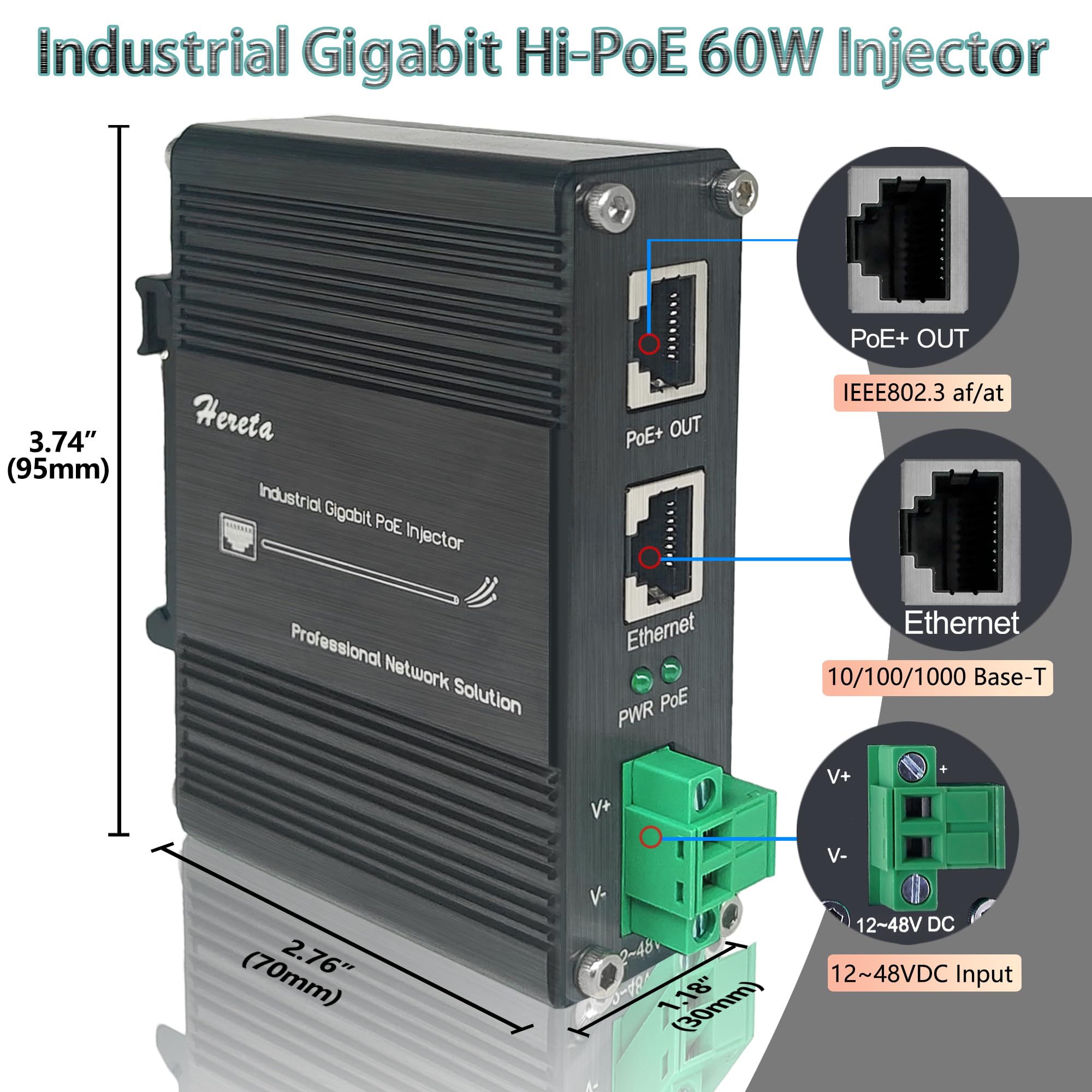 Injecteur Gigabit PoE+ 60 W haute puissance, conforme à la norme IEEE802.3af/at, entrée 12 ~ 48 VDC, boîtier en aluminium IP40 avec protection contre les surtensions, rail DIN, montage mural