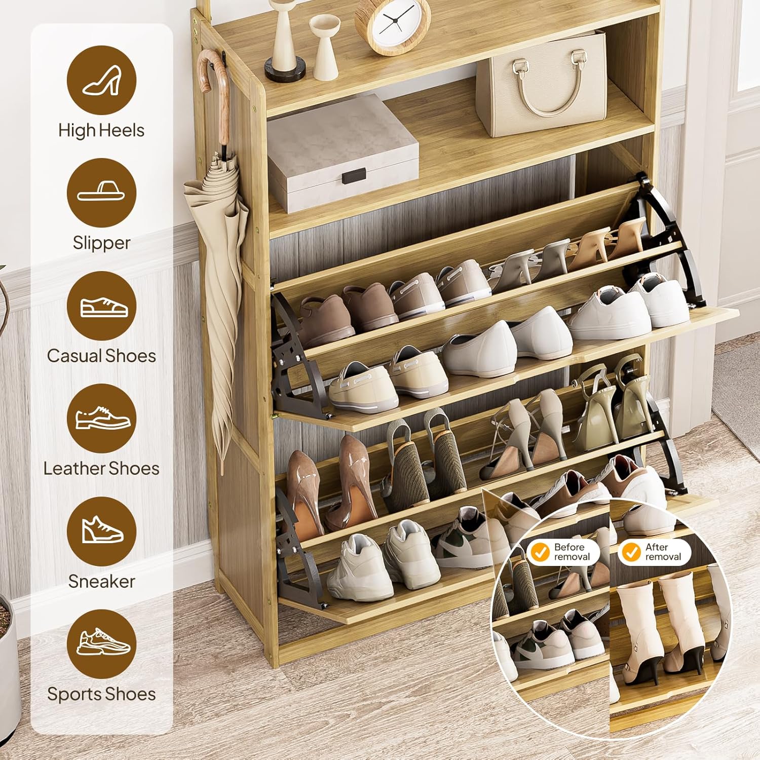 Shoe Cabinet with 2 Rattan Flip Drawers，Bamboo Shoe Storage Cabinet with Coat Hooks, Freestanding Shoe Cabinet Storage for Entryway,Hallway, Closet, Living Room,Natural