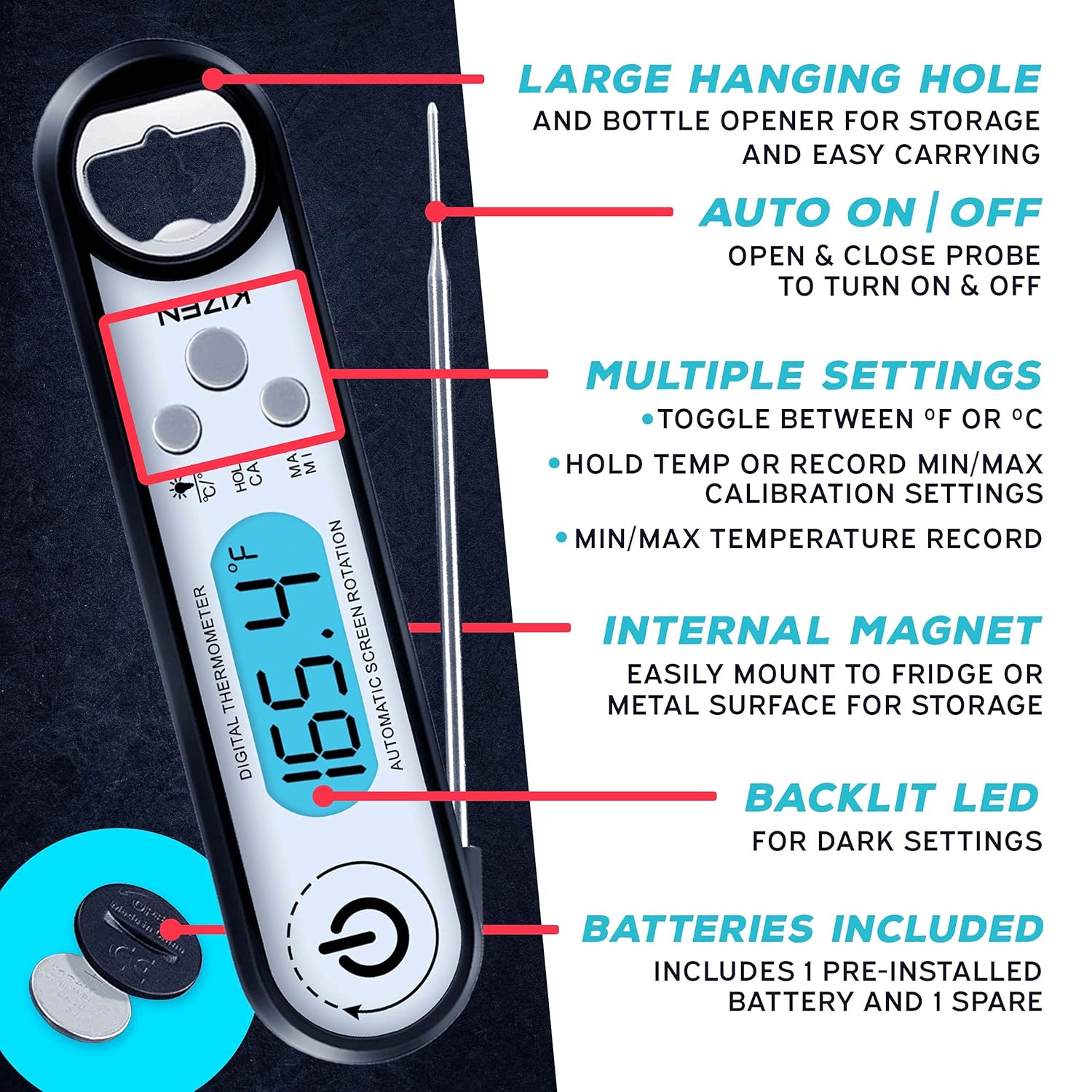 Creative Product Kizen IP100 Digital Meat Thermometer - Instant Read Waterproof Food Thermometers with Bottle Opener for Kitchen, Outdoor Cooking & Grilling - Black One-Day Sale: Up to 60% Off Kizen IP100 Digital Meat Thermometer - Instant Read Waterproof Food Thermometers with Bottle Opener for Kitchen, Outdoor Cooking & Grilling - Black