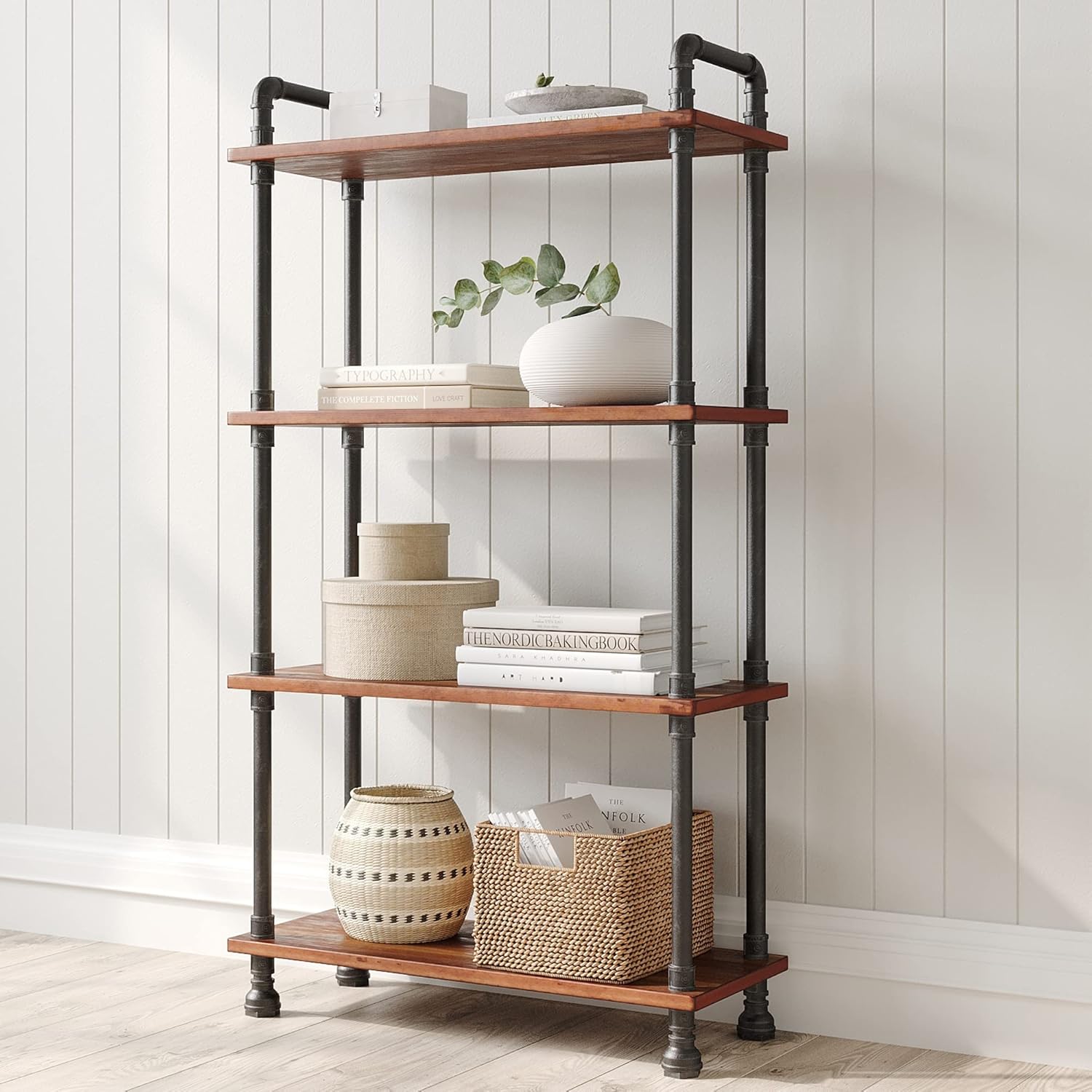 Barnyard Designs Furniture 4-Tier Etagere Bookcase, Solid Pine Open Wood Shelves, Rustic Modern Industrial Metal and Wood Style Bookshelf, Brown, 55" x 29.5" x 11.75"