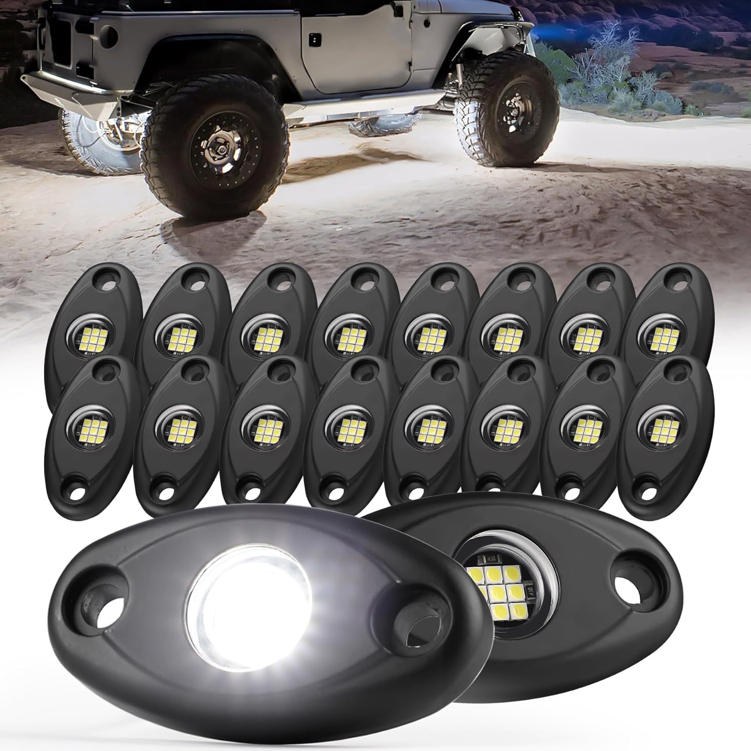 White Rock Lights, 18 Pods Rock Lights for Trucks Jeep ATV UTV RZR SUV