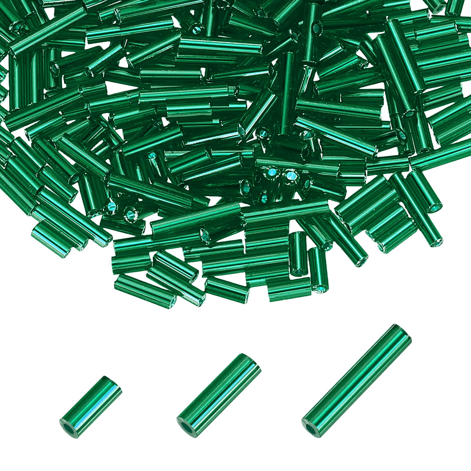 sourcing map 2000pcs Glass Bugle Beads 4/6/9mm Long Tube Cylinder Beads for Embroidery Sewing on Fabric Felt Ornaments Jewelry Plants Making, Metallic Green