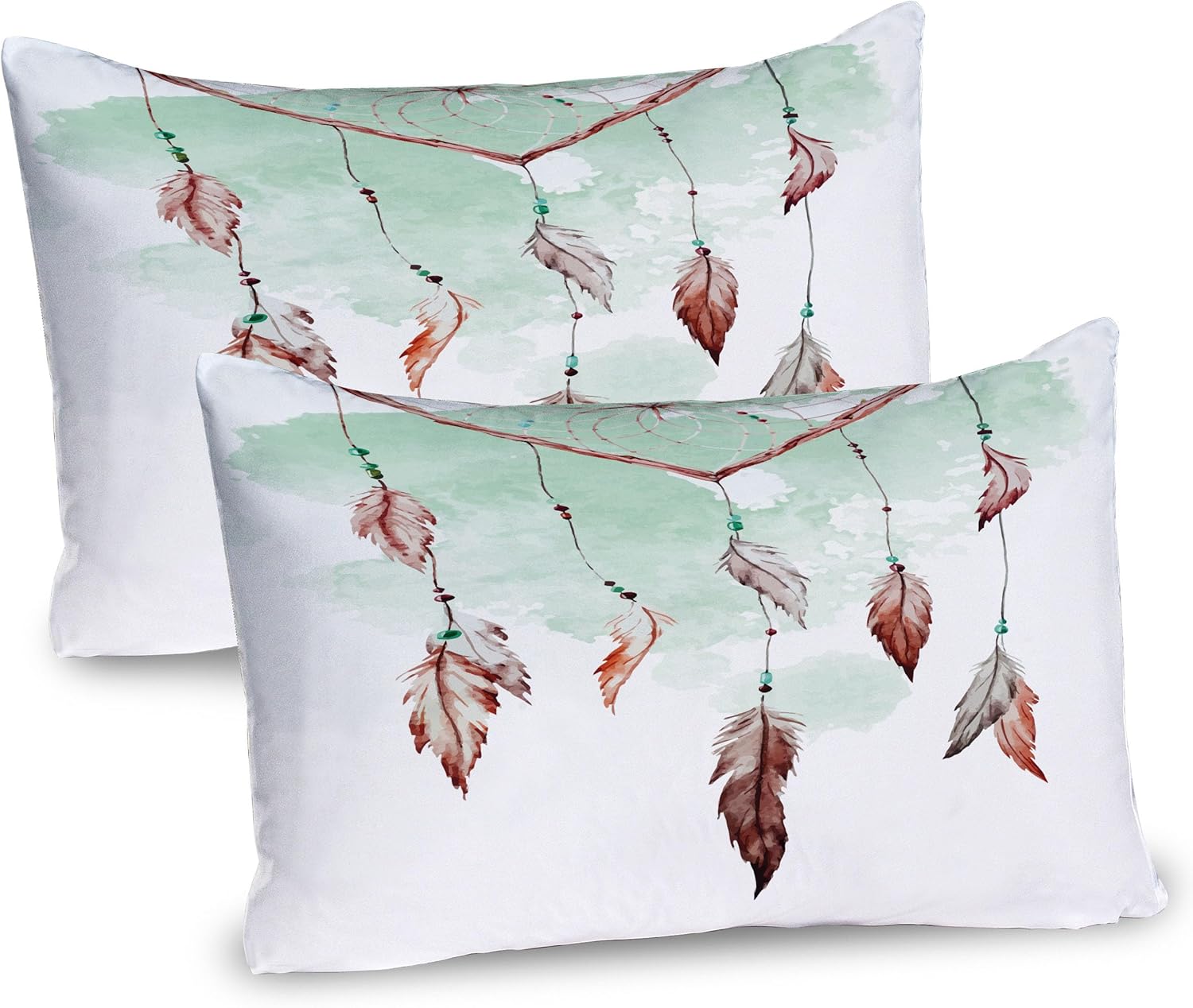 Ambesonne Feather Pillow Sham Set of 2, Watercolor Vibrant Dream Catcher Ornamental Elements Traditional Design, Quality Microfiber Bedding Item for All Seasons, 26" x 20", Mint Green Brown
