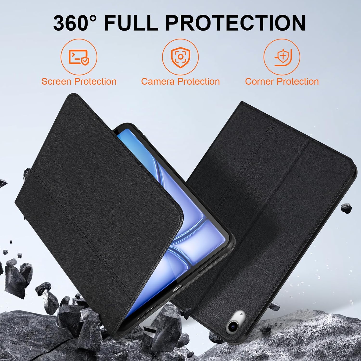 Genuine Leather for iPad Air 11" M4/M3/M2 (2026/2025/2024),iPad Air 10.9" 5th/4th Gen(2022/2020),360 Military-Grade Protective Smart Cover with Multi-Angle Stand, Auto Wake/Sleep - Black