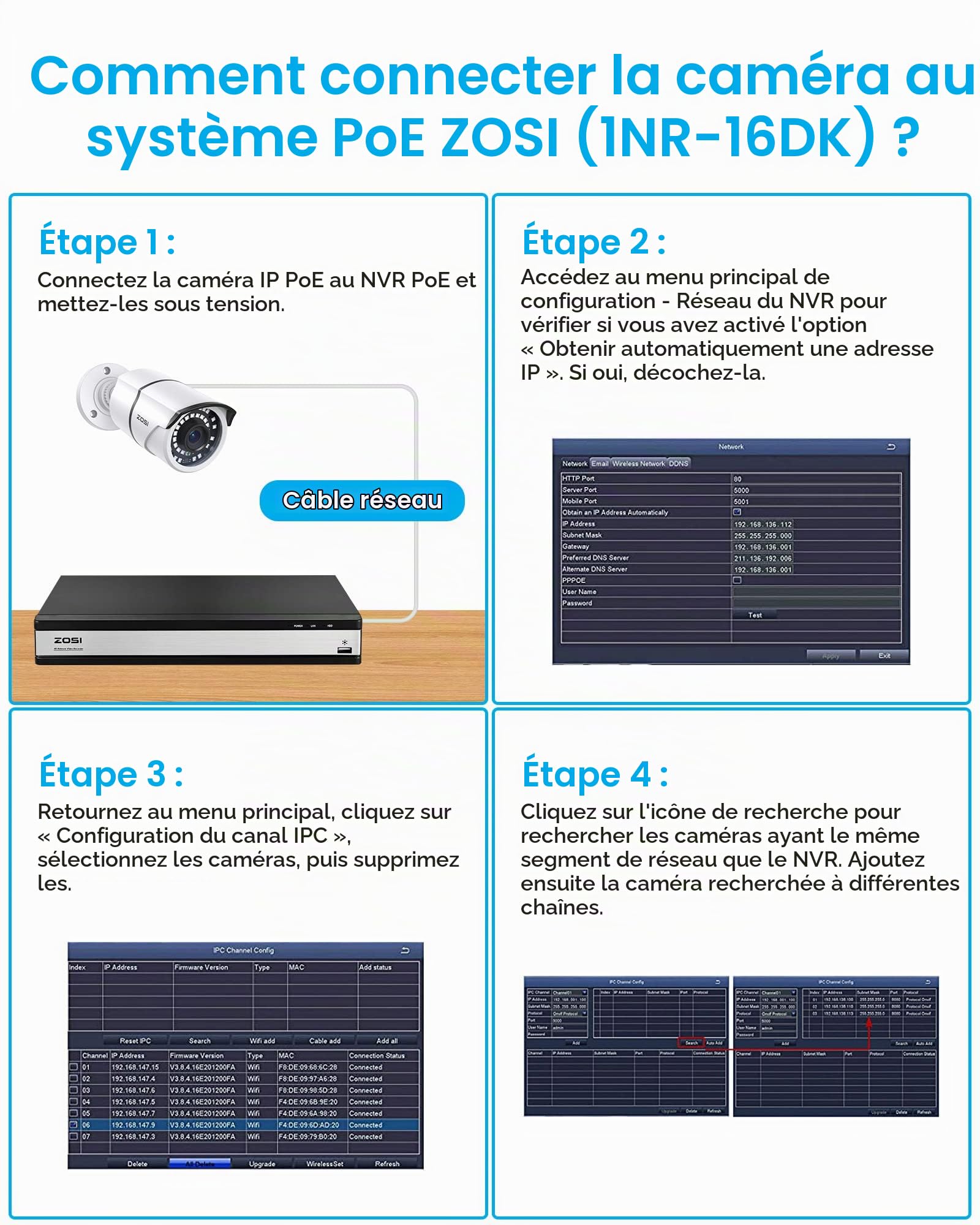 ZOSI ZG2615E Caméra IP PoE 5 MP avec vision nocturne pour intérieur et extérieur Système de surveillance Alimentation par Ethernet Fonctionne uniquement avec ZOSI PoE NVR, ZR16DK, ZR08EN, ZR08DN,
