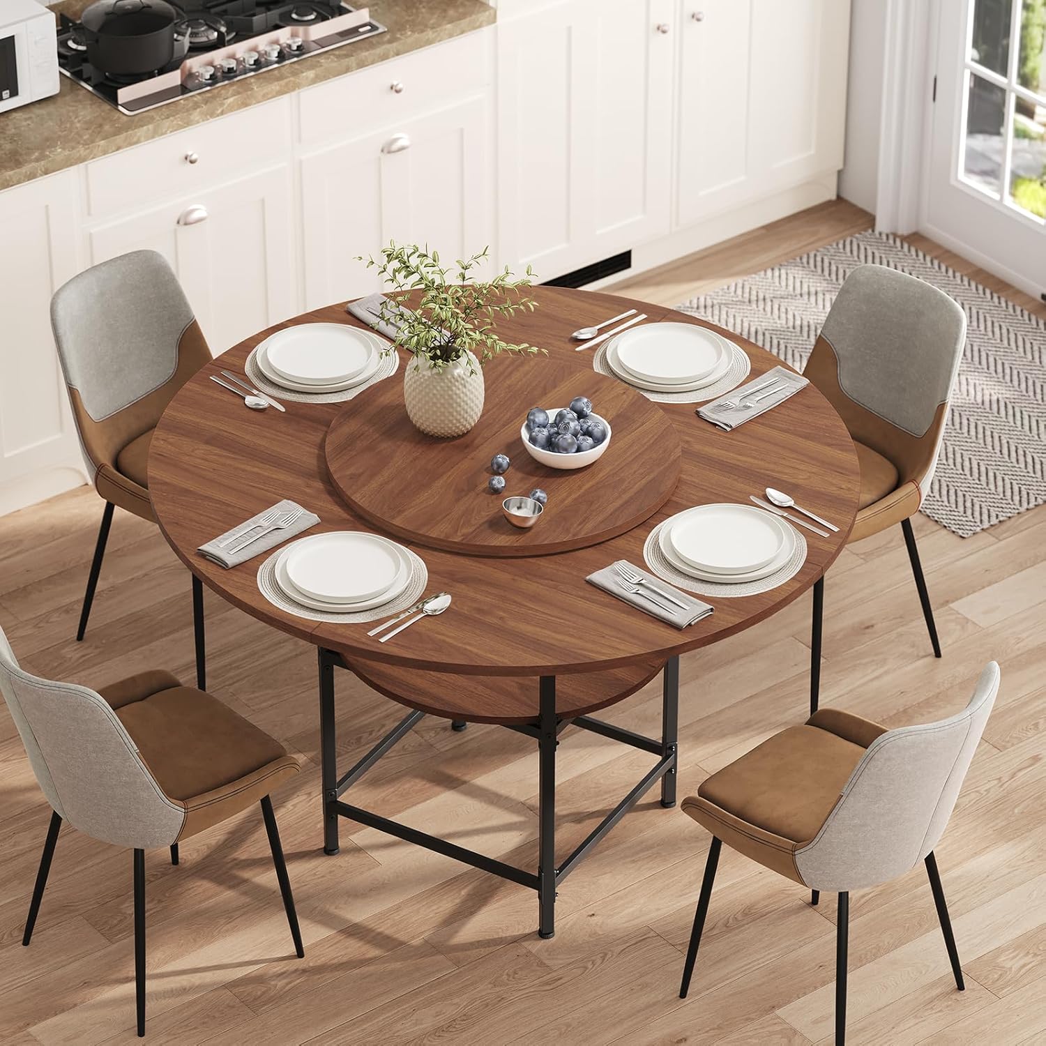 Round Dining Table for 4, Dinner Table with Storage Shelf, 47.2'' Dining Room Table, Circle Tables, Farmhouse Wood Kitchen Tables for Dining Room Living Room, Walnut and Black DTHZ12001