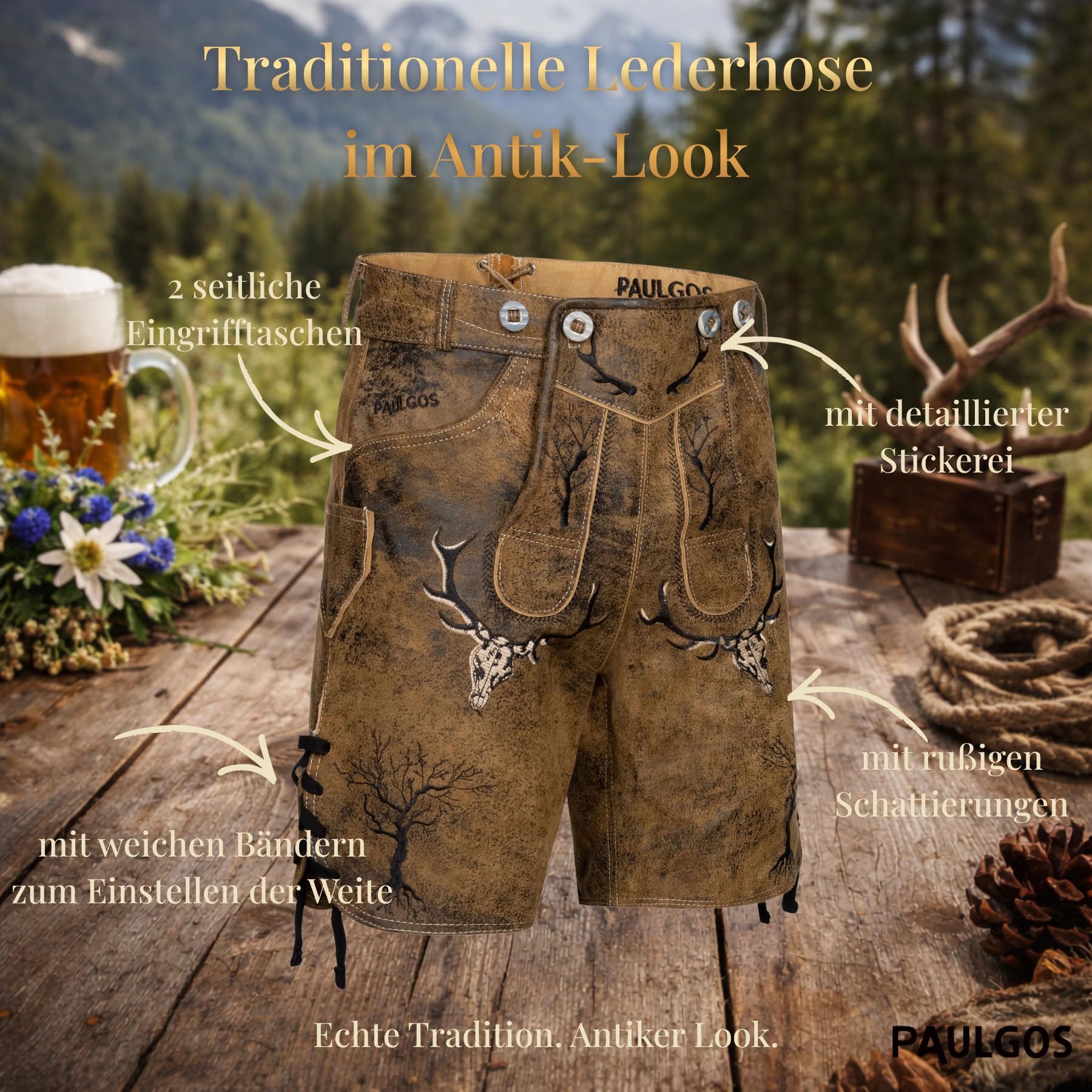 PAULGOS Herren Trachten Lederhose HK6 Antik + Träger, Echtes Leder, Gr. 44-60