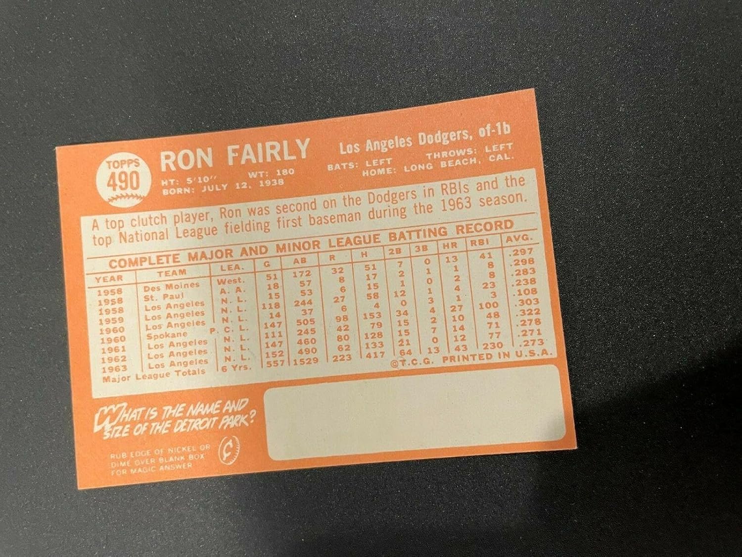 1964 Topps #490 Ron Fairly Los Angeles Dodgers Baseball Card Nm/mt Set Break - Slabbed Baseball Cards