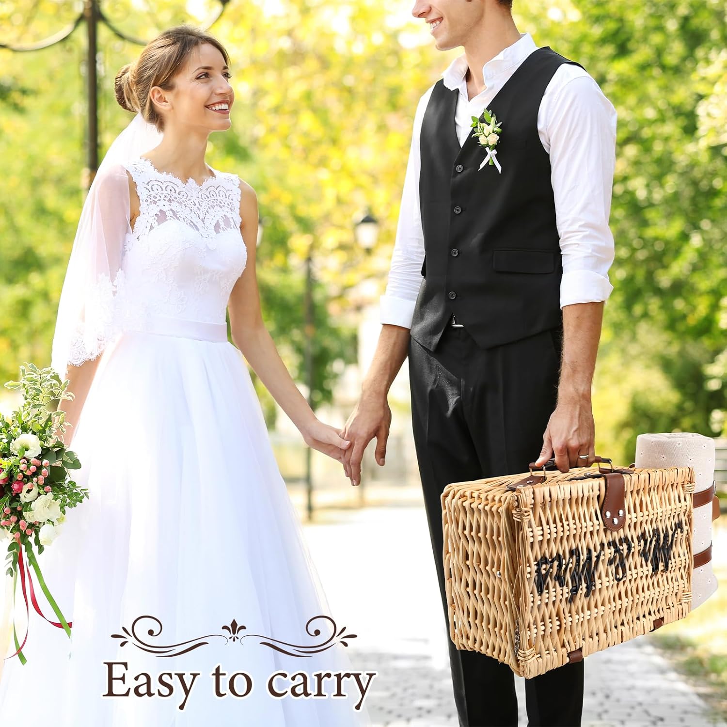 Picnic Basket for 2, Engagement Wedding Bridal Shower Gifts for Couples Bride, Wicker Picnic Basket with Waterproof Blanket & Insulated Liner Willow Hamper Set for Mr and Mrs Outdoor Camping