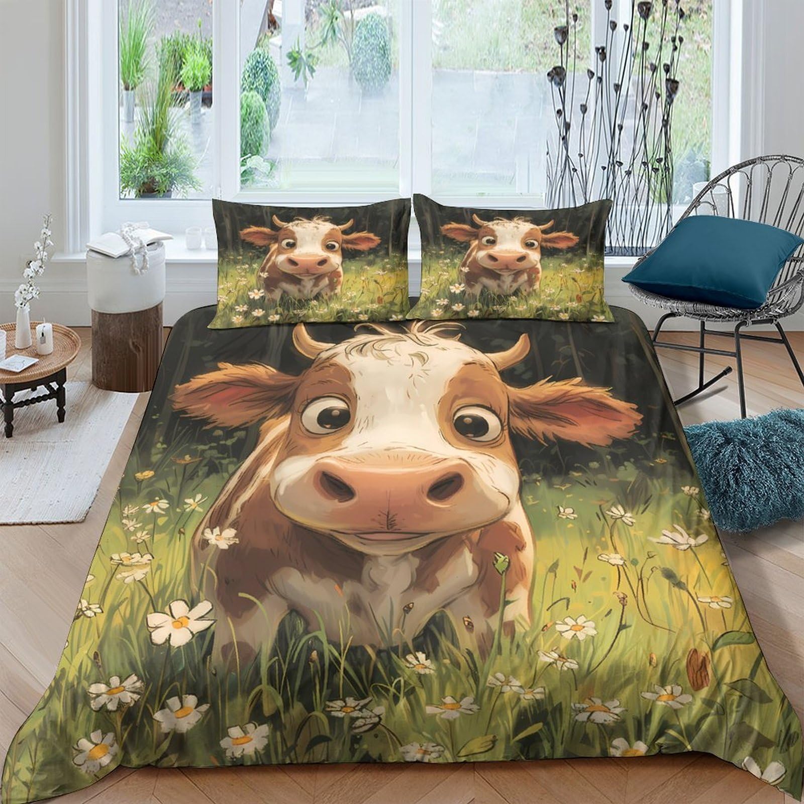Ctjqhvkz Style-2 3D Printed Cartoon Cow Fitted Sheet Microfiber Soft Non-Slip Meadow Bed Cover For Bedroom Dorm Mattress Decor Single（135X200cm）