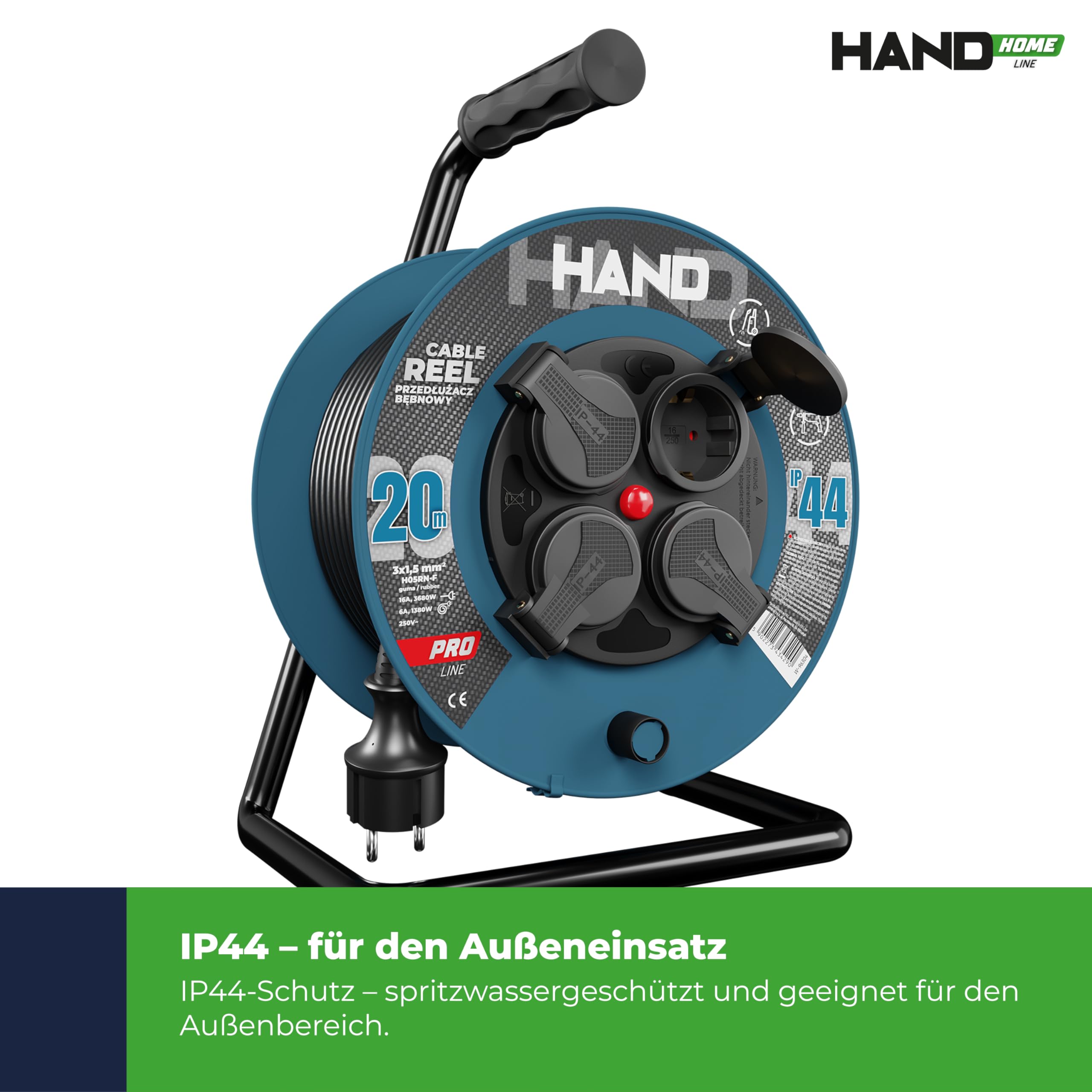 HAND HAND PRO - Carrete de cable (20 m, IP44, H05RN-F, 3 x 1,5, cable de goma para exteriores), color negro
