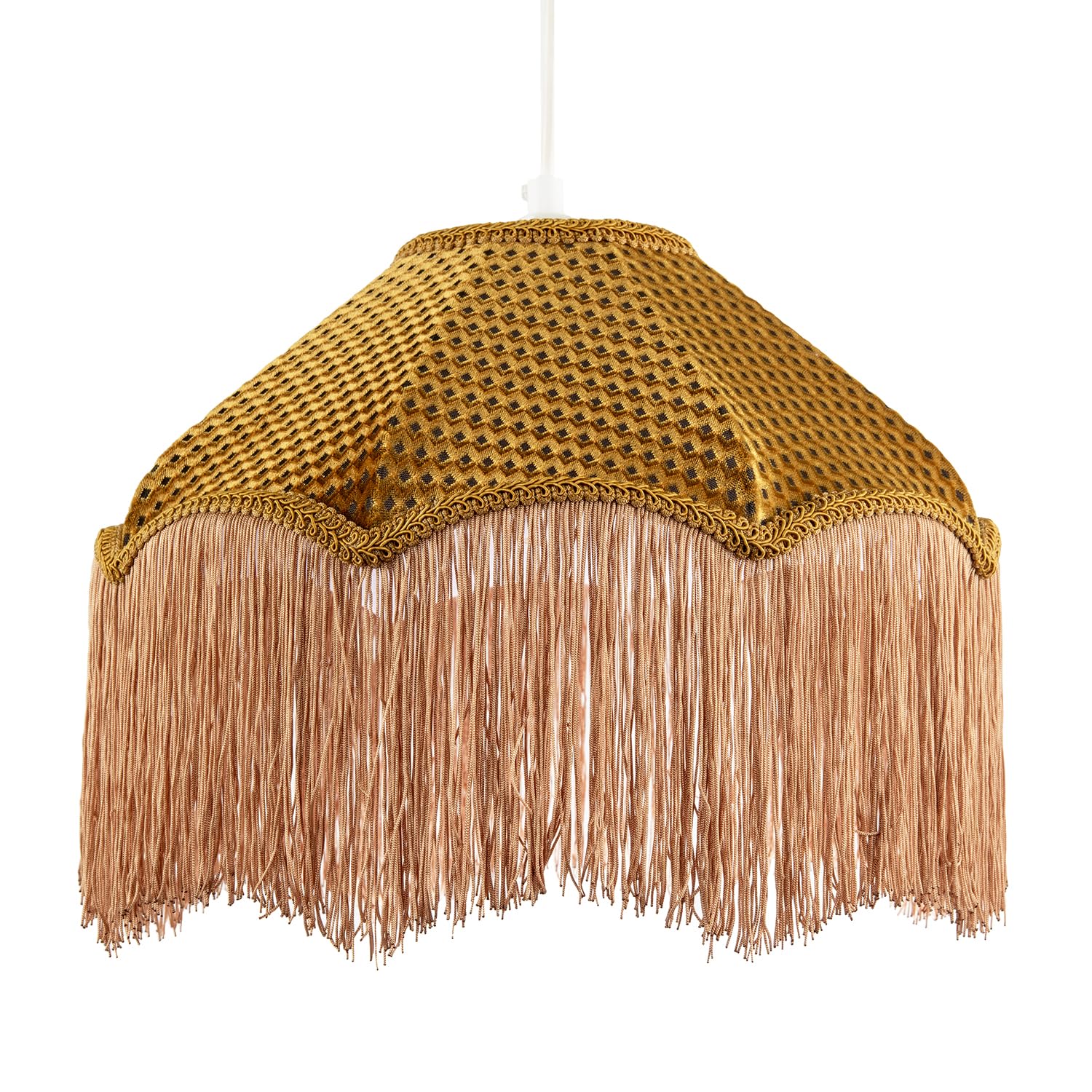 Golden Ochre Victorian Scallop Pendant Lighting Shade with Long Taupe Tassels | Sleek Mustard Embroidered Trims | 36cm Diameter by Happy Homewares