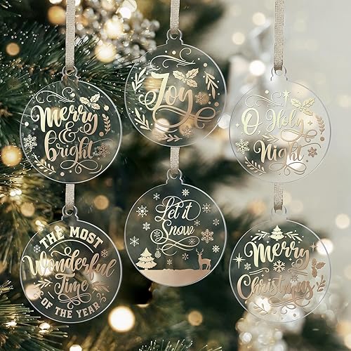 UNIQOOO Juego de 12 adornos dorados de Navidad 2023, decoraciones para árbol de Navidad, ideas de Gfit, adornos de acrílico transparente con 6